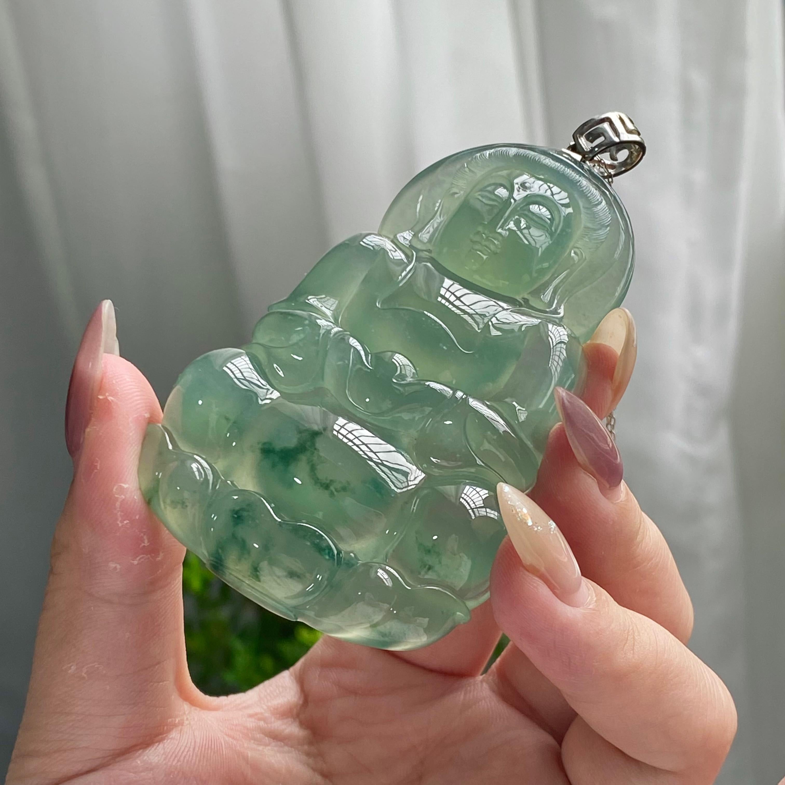 18k金镶冰种湖水绿飘花观音吊坠（yc201006）