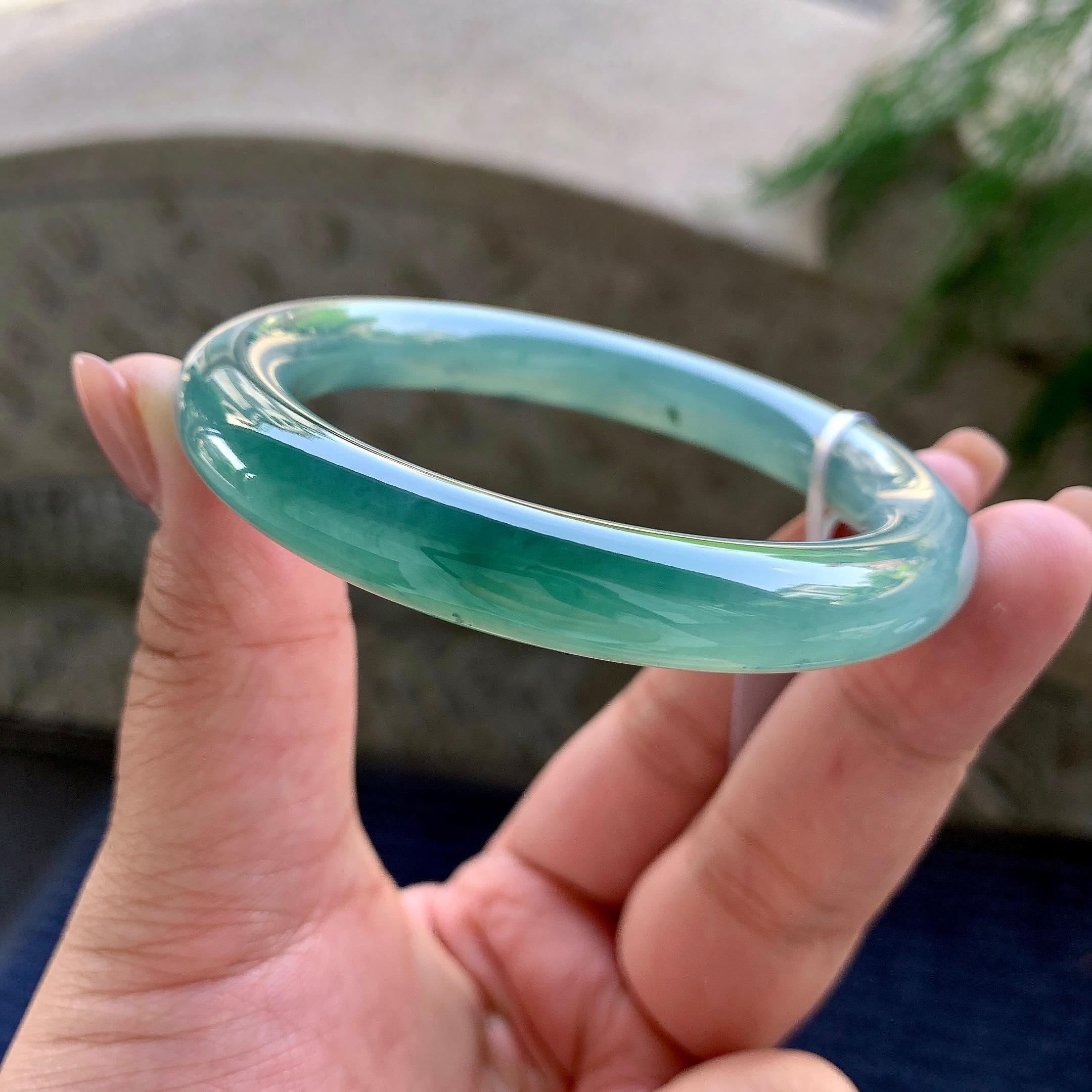 糯冰种蓝水圆条手镯 55圈口 天然缅甸A货翡翠（yc498080）