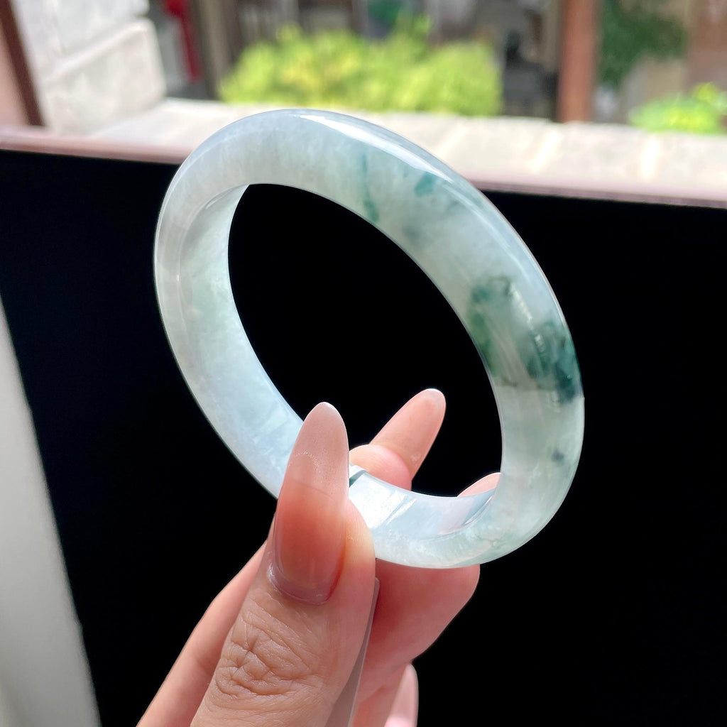 糯种蓝飘花正圈平安镯 56圈 天然缅甸A货翡翠（yc522691）