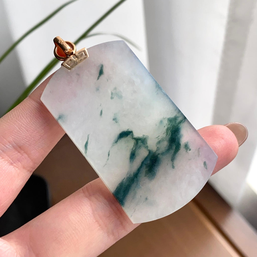 18k金镶冰种飘花无事牌吊坠（yc262722）