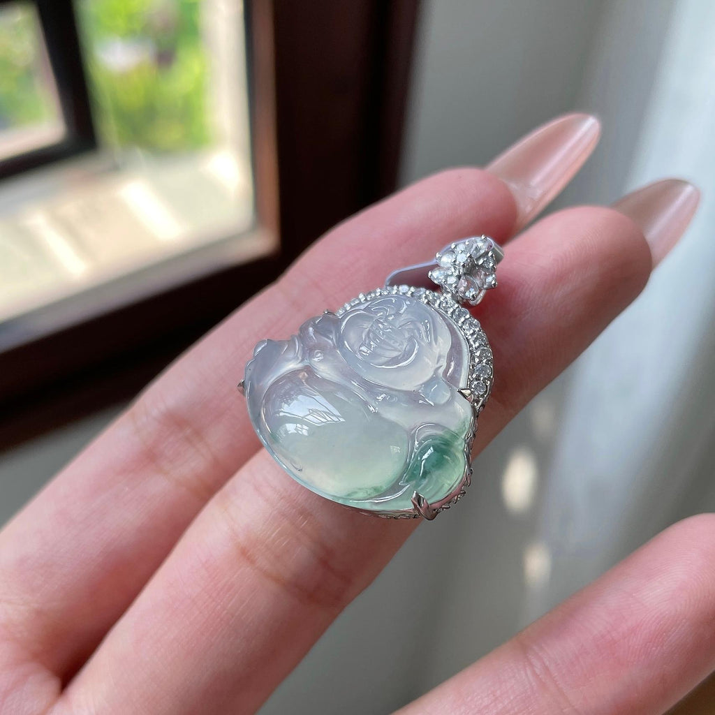 糯冰种飘花佛公挂件 18K金 天然缅甸A货翡翠（yc508694）