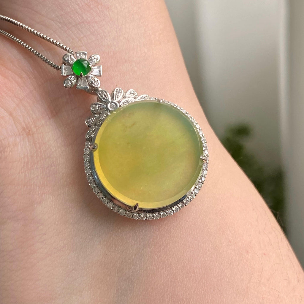 18k金钻镶冰种黄翡圆牌吊坠（yc206764）