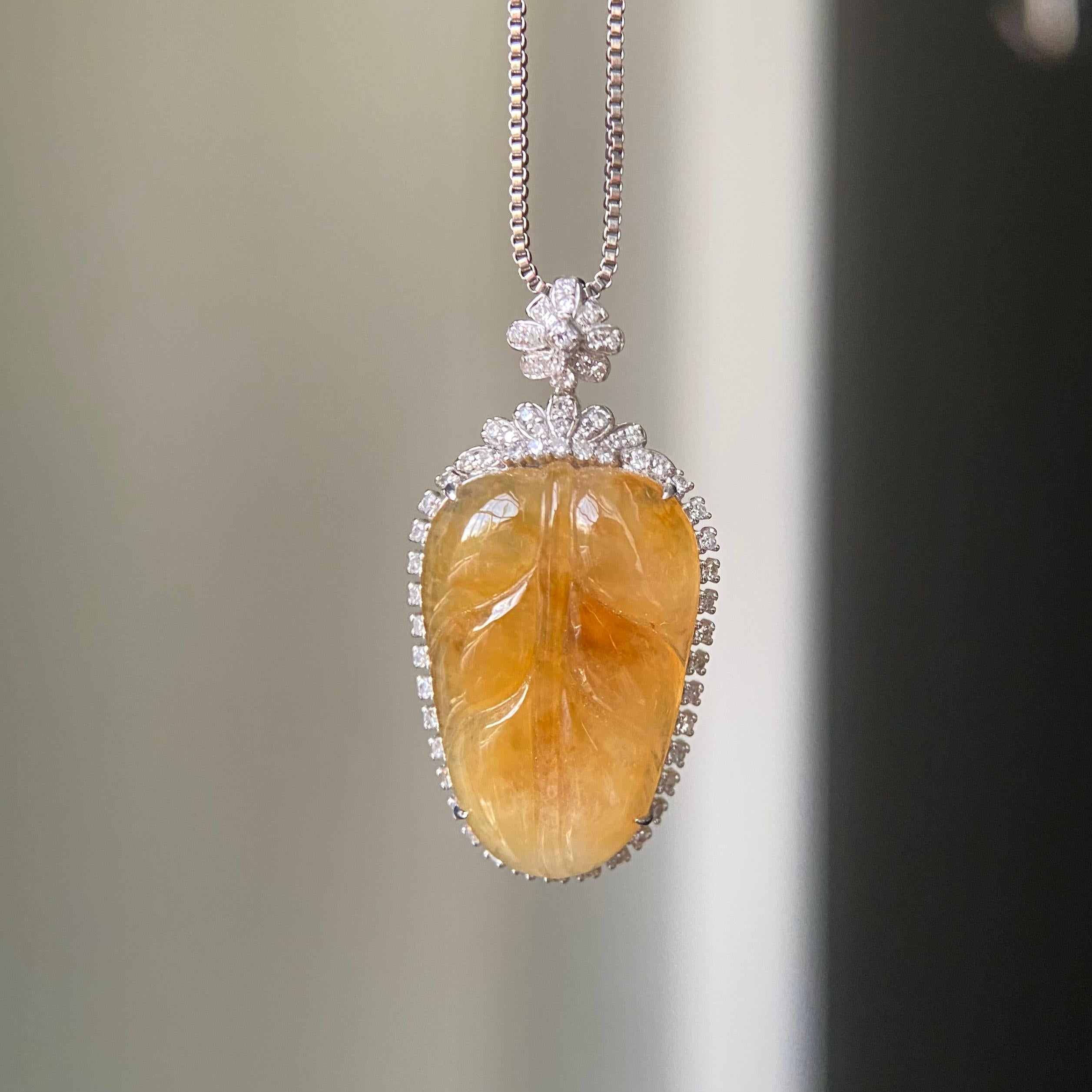 18k金钻镶冰种黄翡玉叶吊坠（yc219270）