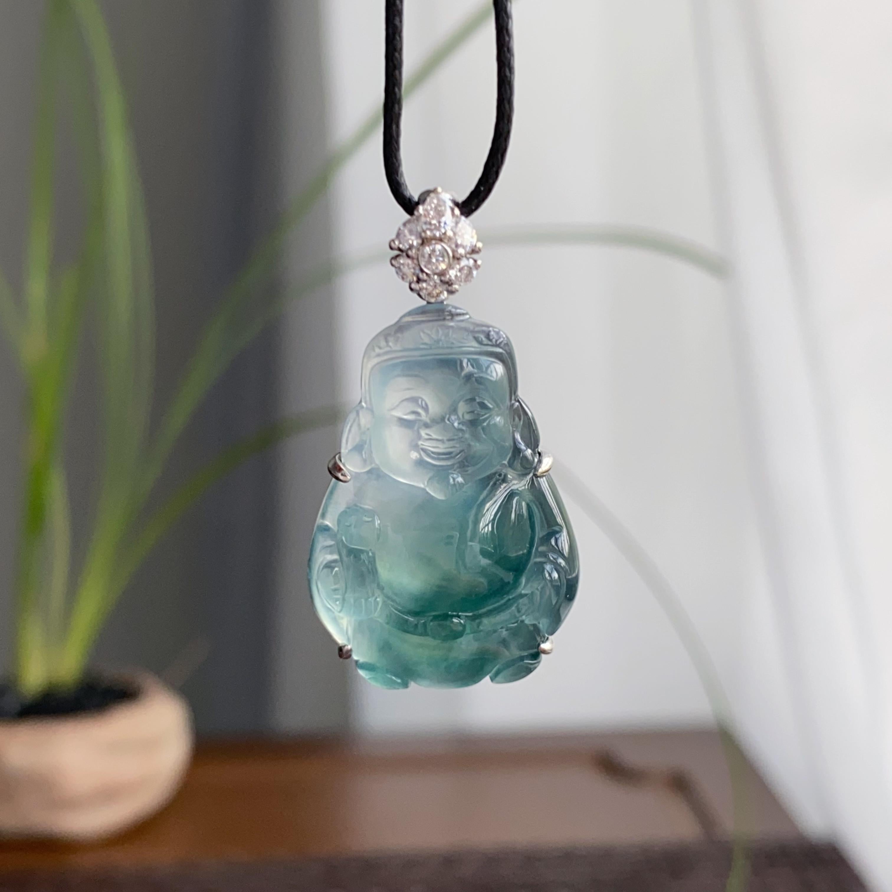 18k金钻镶冰种飘蓝财神吊坠（yc250173）