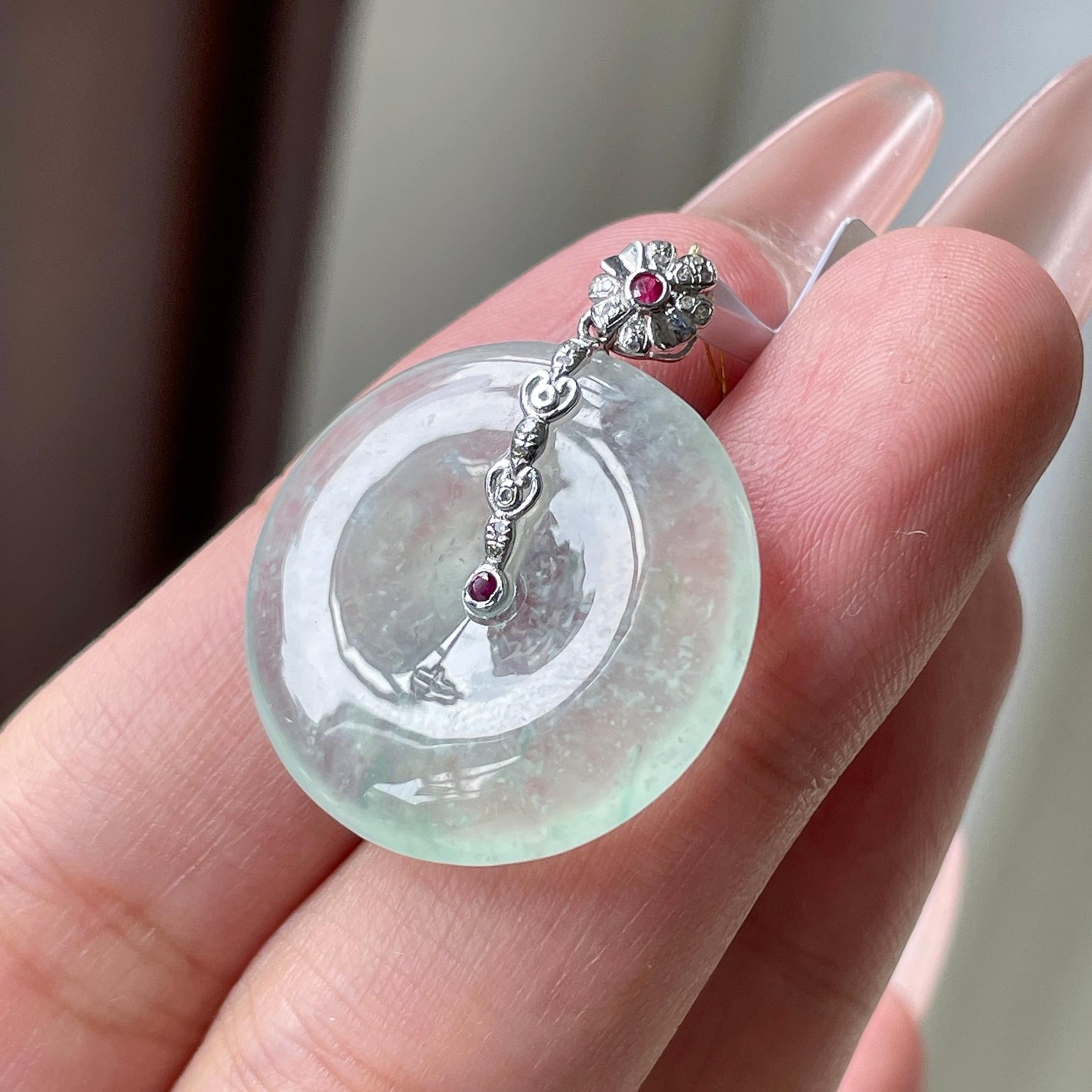 18K糯冰种晴水暴风雪平安扣吊坠 天然缅甸A货翡翠（yc524183）