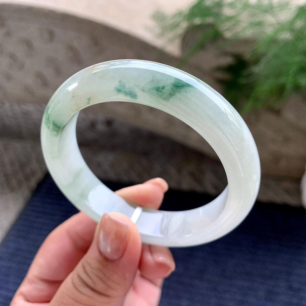 细糯种飘绿花洒金正圈平安镯 55.7圈口 天然缅甸A货翡翠（yc701213）
