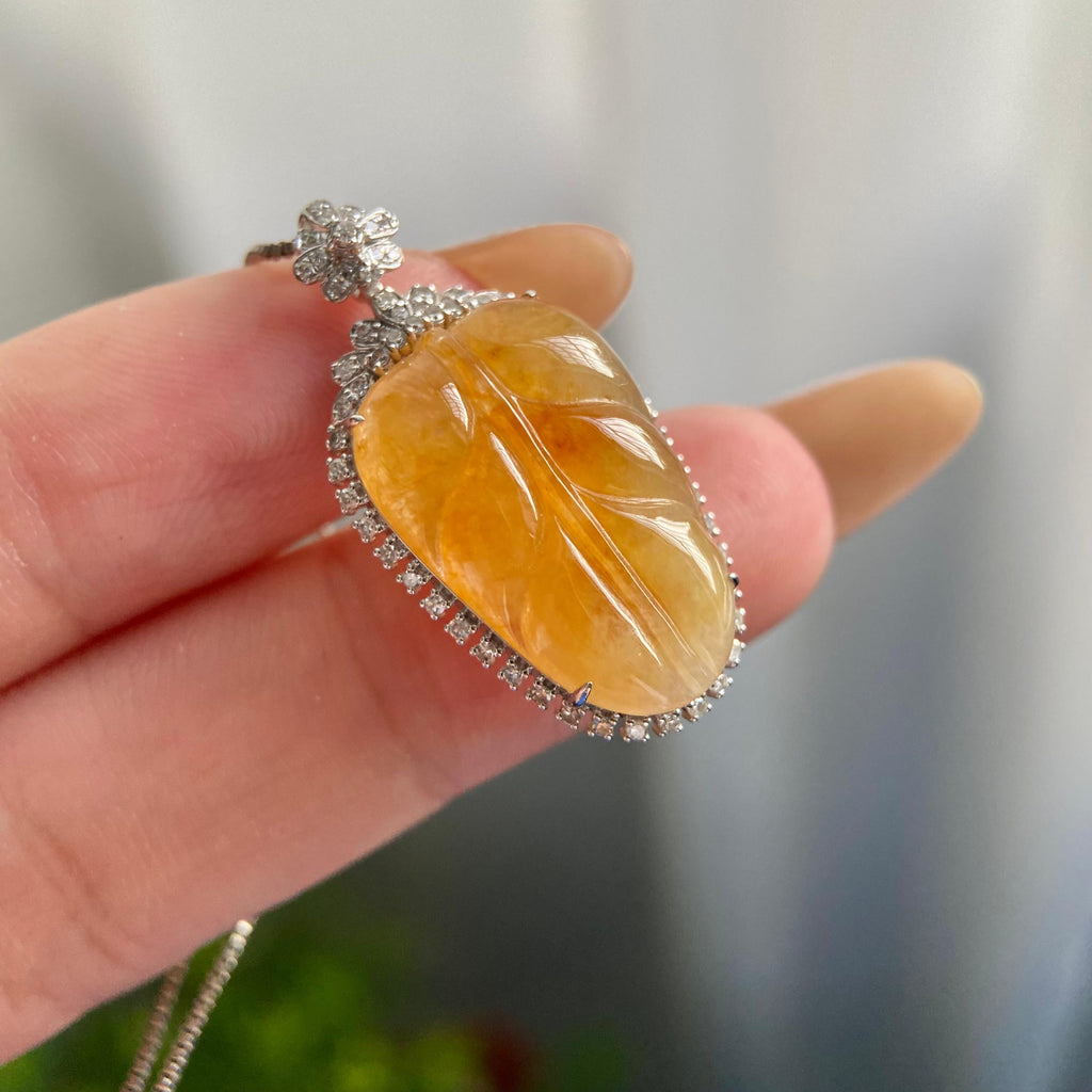 18k金钻镶冰种黄翡玉叶吊坠（yc219270）