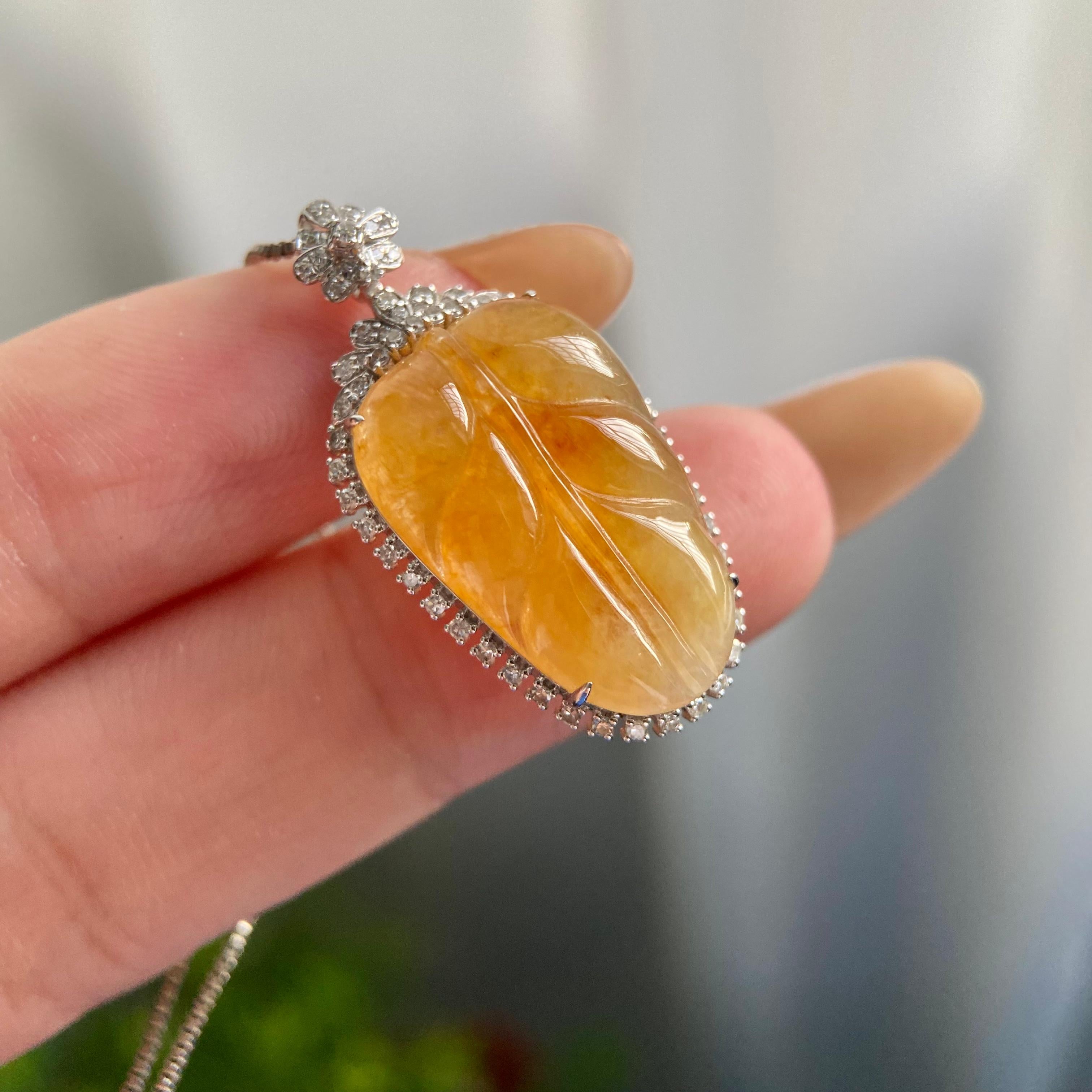 18k金钻镶冰种黄翡玉叶吊坠（yc219270）