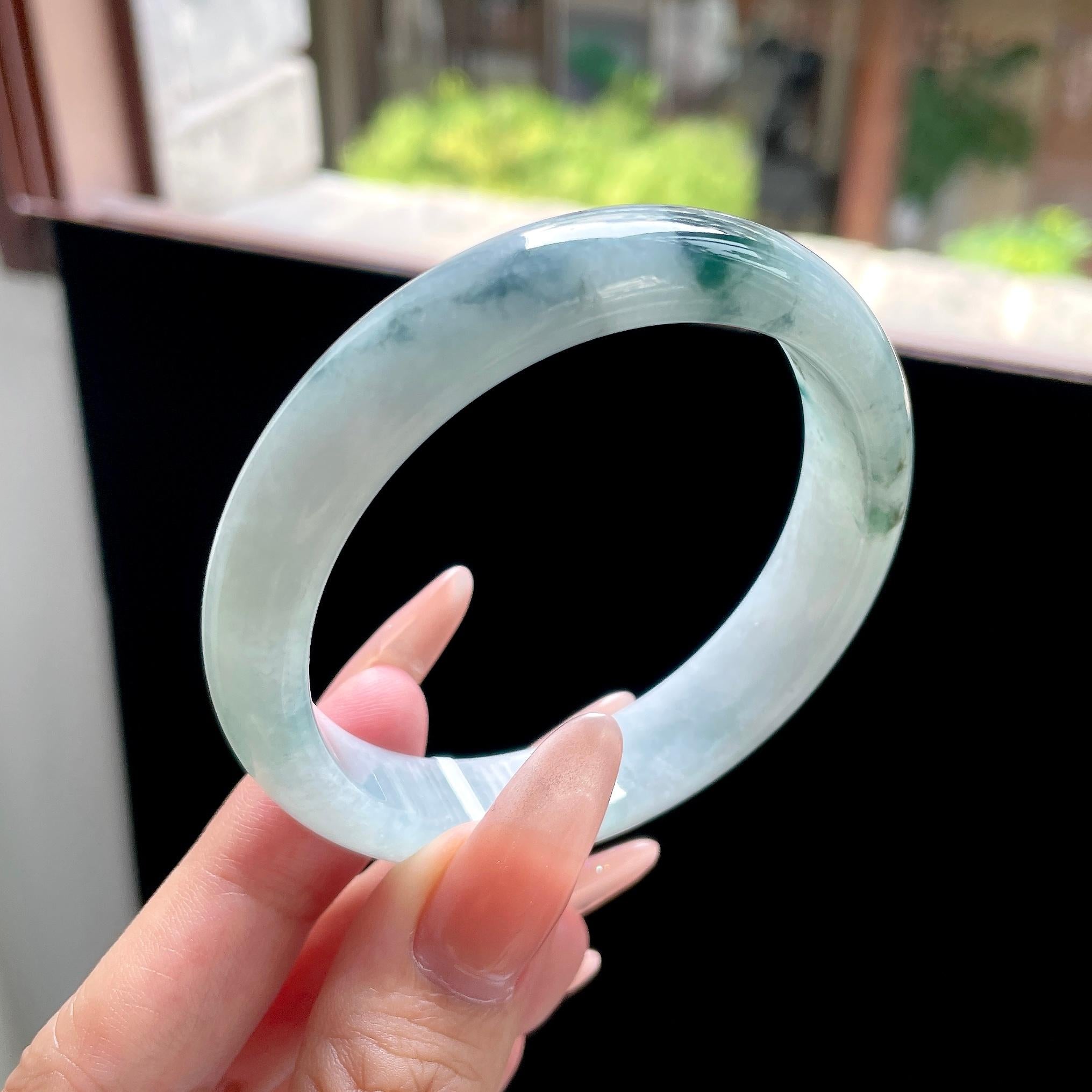 糯种蓝飘花正圈平安镯 56圈 天然缅甸A货翡翠（yc522691）