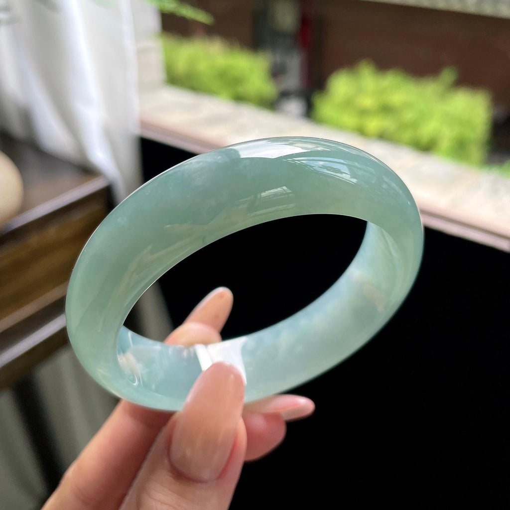 糯冰种冰蓝水油青色宽版正圈平安镯 57圈 天然缅甸A货翡翠（yc693183）