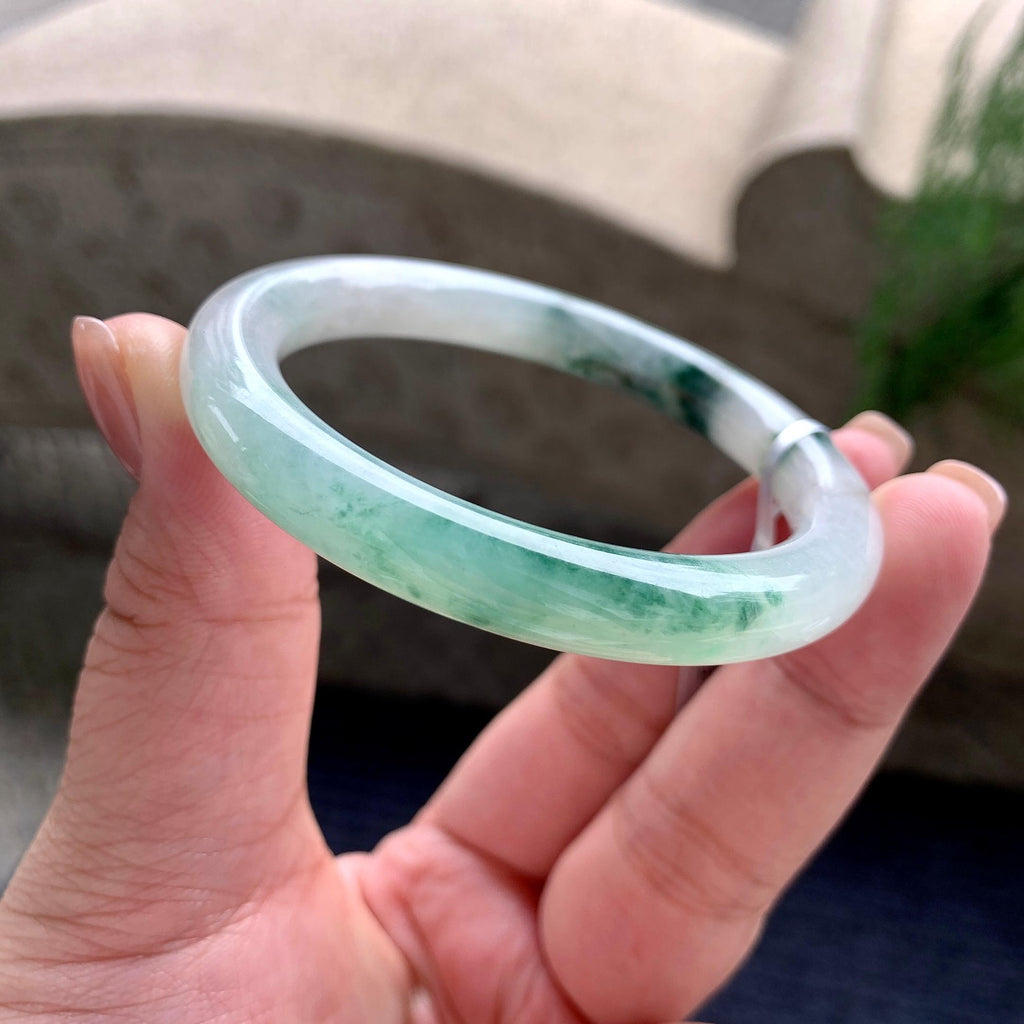 细糯种飘蓝花圆条手镯 52.5圈口 天然缅甸A货翡翠（yc703306）