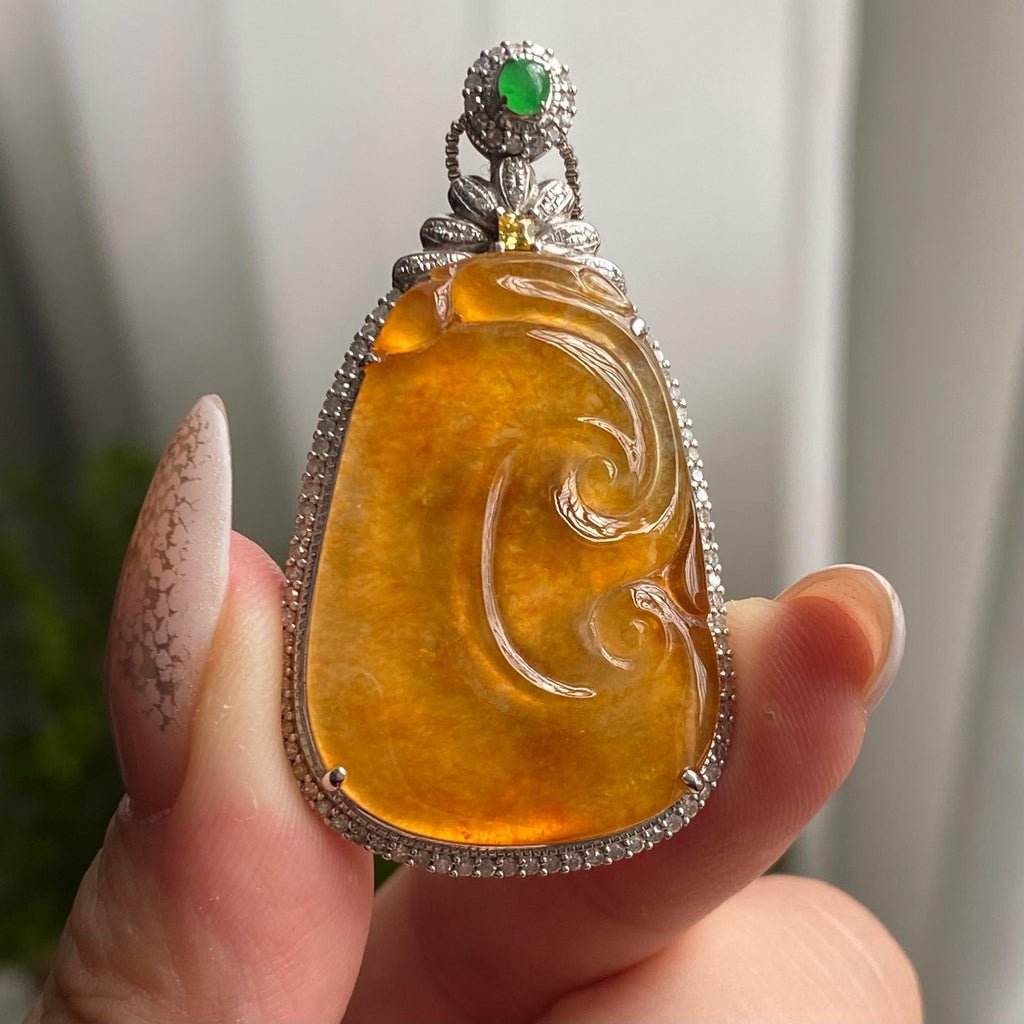 18k金钻镶冰种黄翡如意吊坠（yc206747）