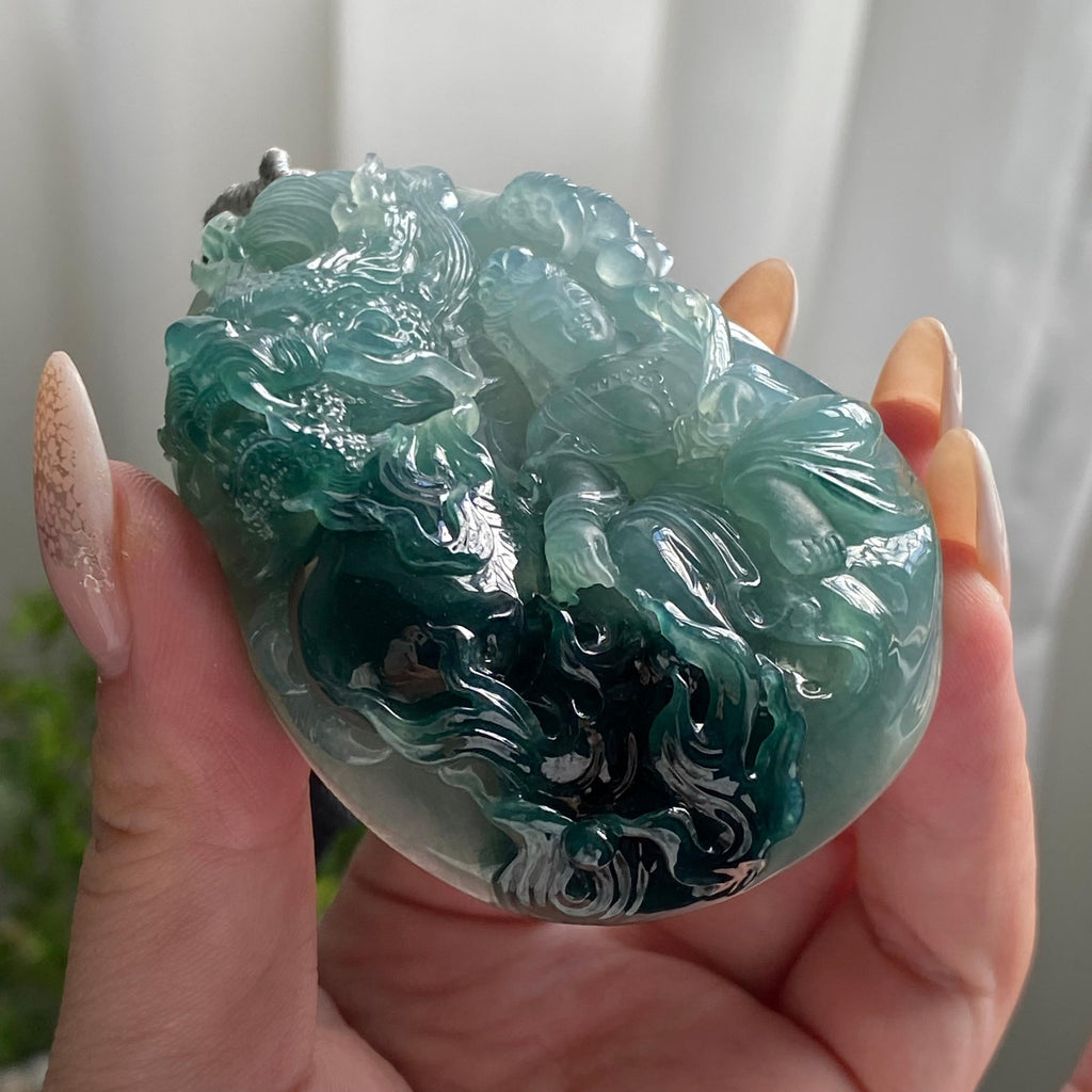 糯冰种蓝底神龙护主牌吊坠（yc214703）