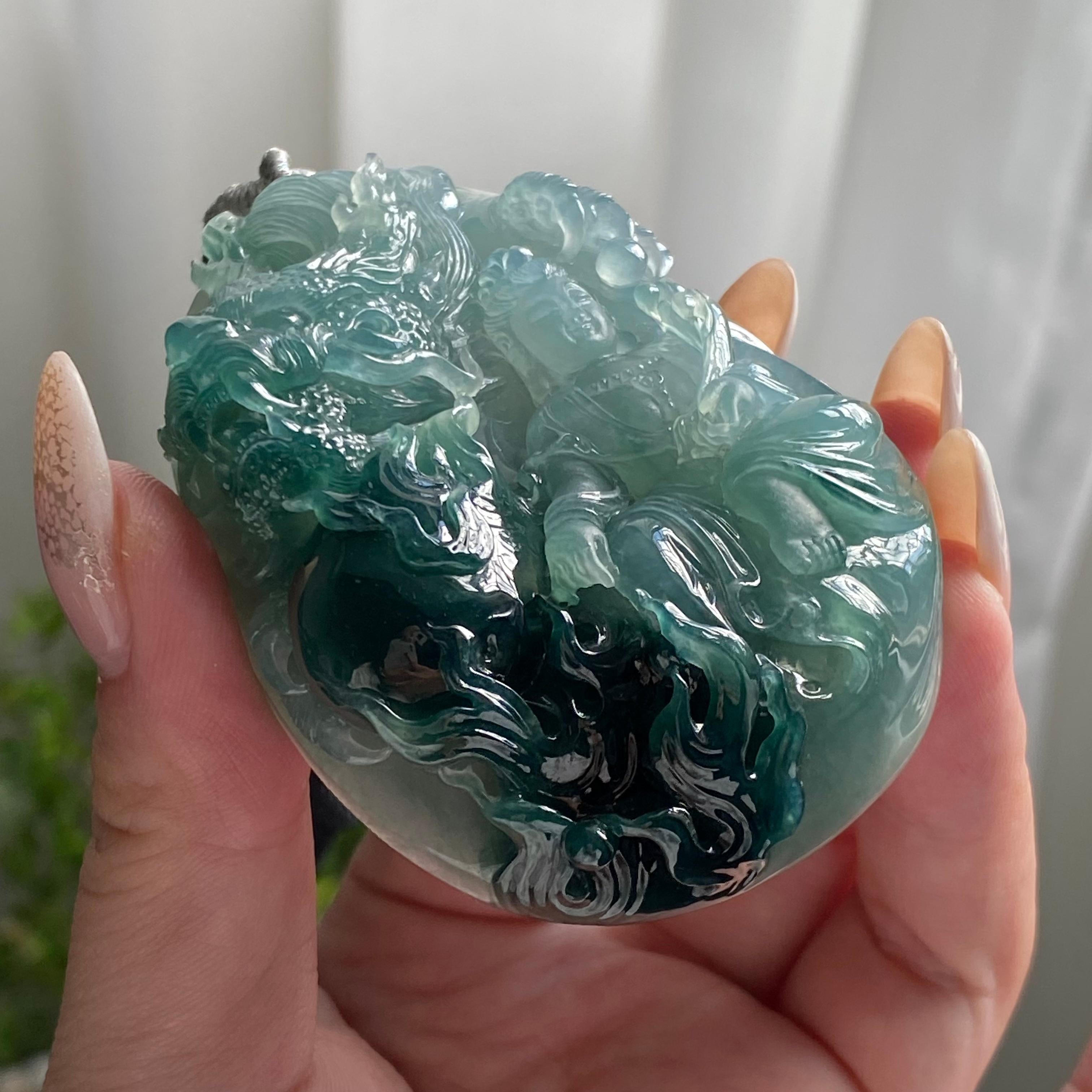 糯冰种蓝底神龙护主牌吊坠（yc214703）