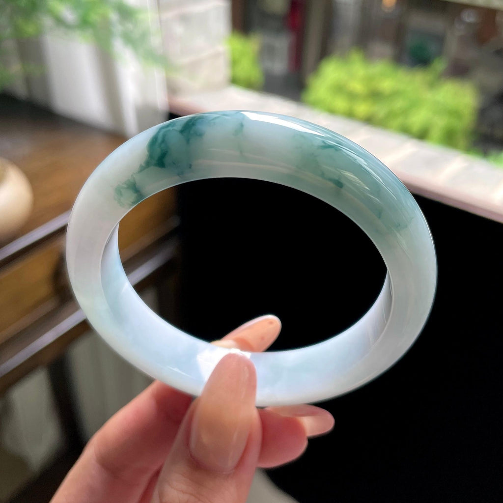 细糯种蓝飘花正圈平安镯 56圈 天然缅甸A货翡翠（yc696431）