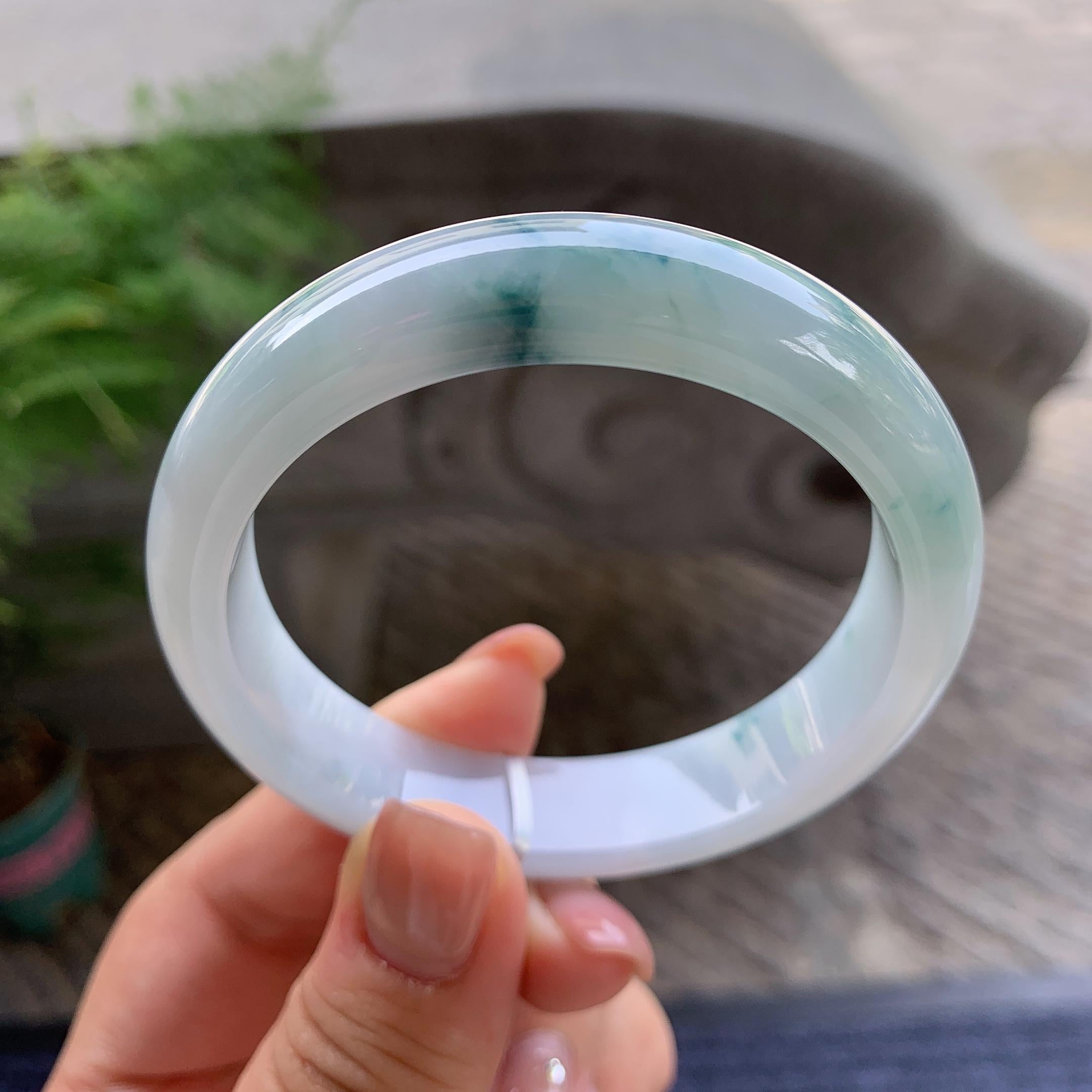 细糯种飘蓝花正圈平安镯 55圈口 天然缅甸A货翡翠（yc501360）