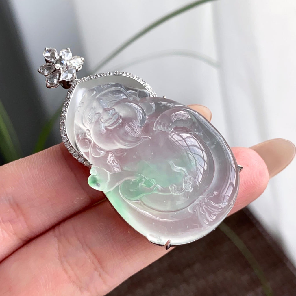 18k金钻镶冰种飘花财神吊坠（yc250290）