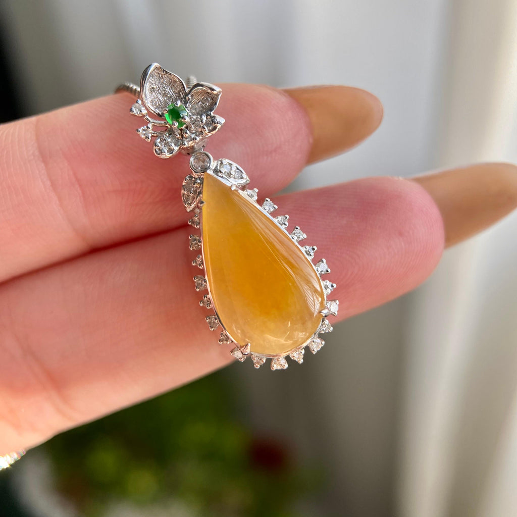 18k金钻镶冰种黄翡水滴吊坠（yc216836）