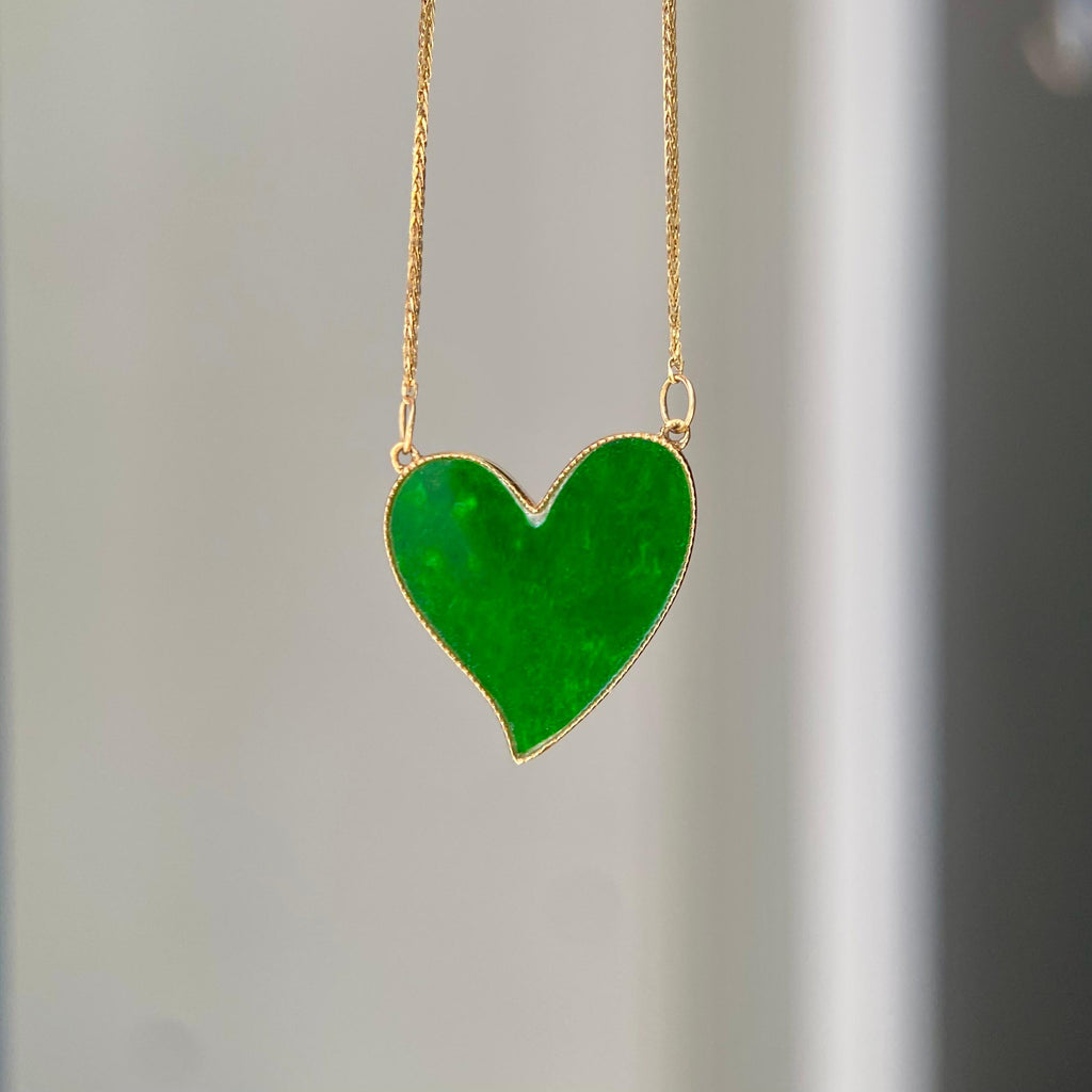 18k金镶糯冰种心形辣绿吊坠（yc216767）