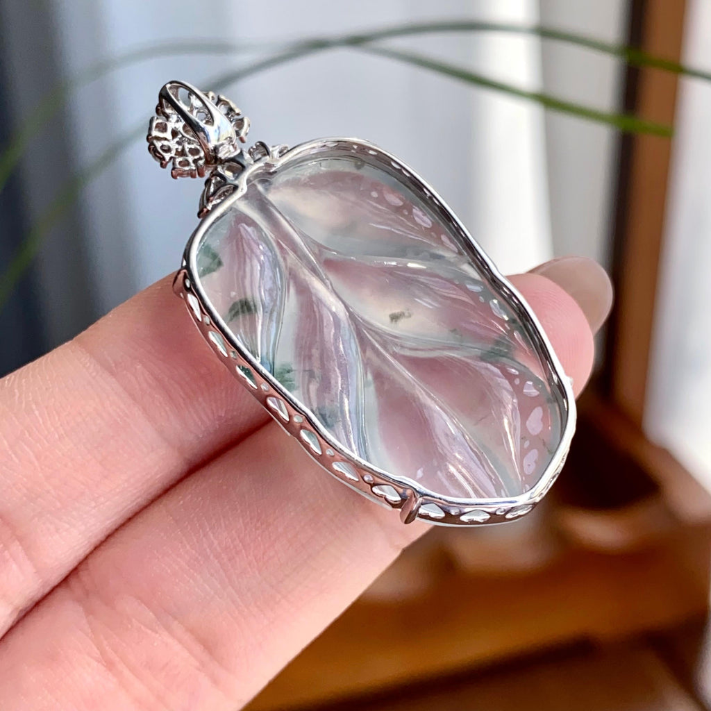 18k金钻镶冰种飘花玉叶吊坠（yc256099）