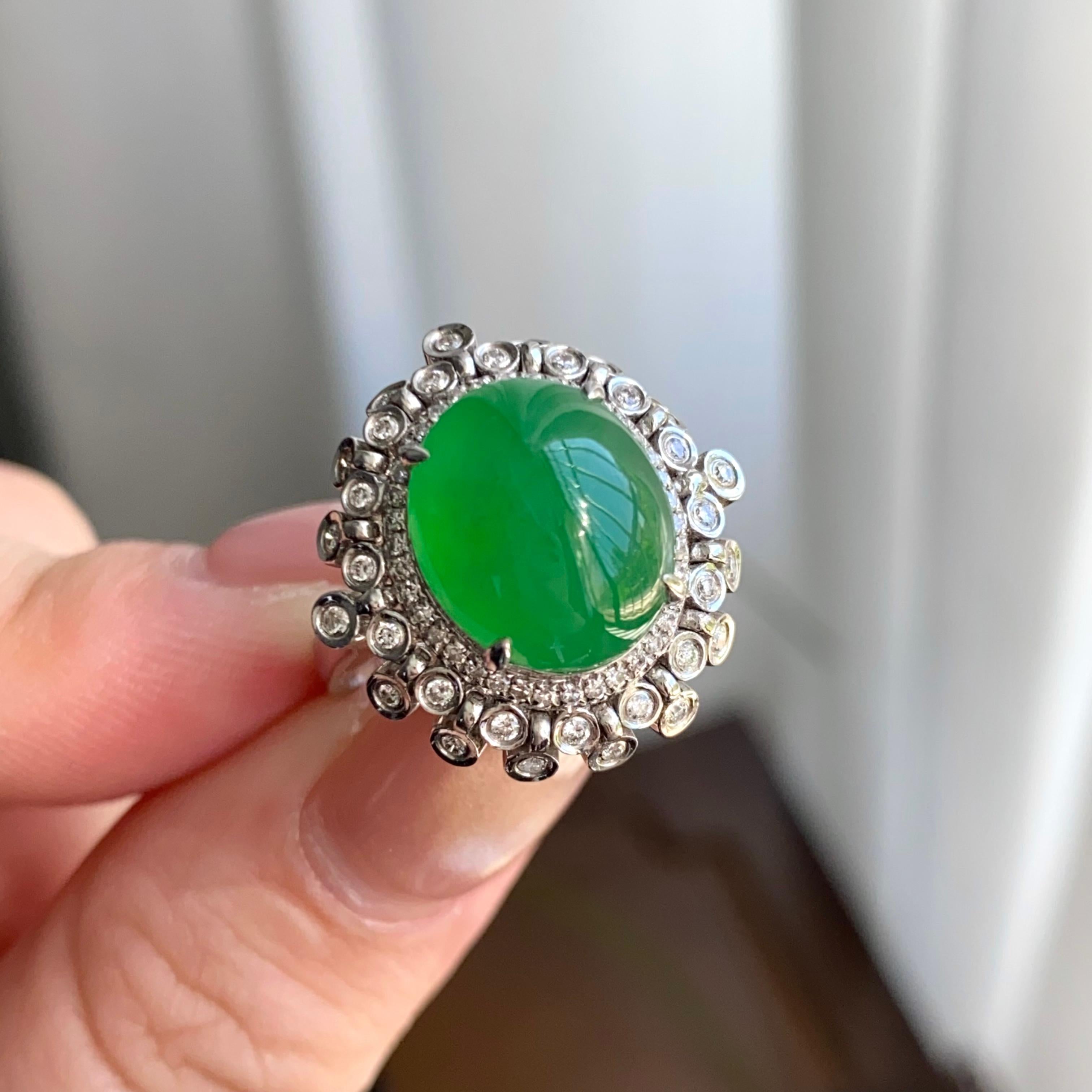 18k金钻镶冰种满绿蛋面戒指（yc264994）