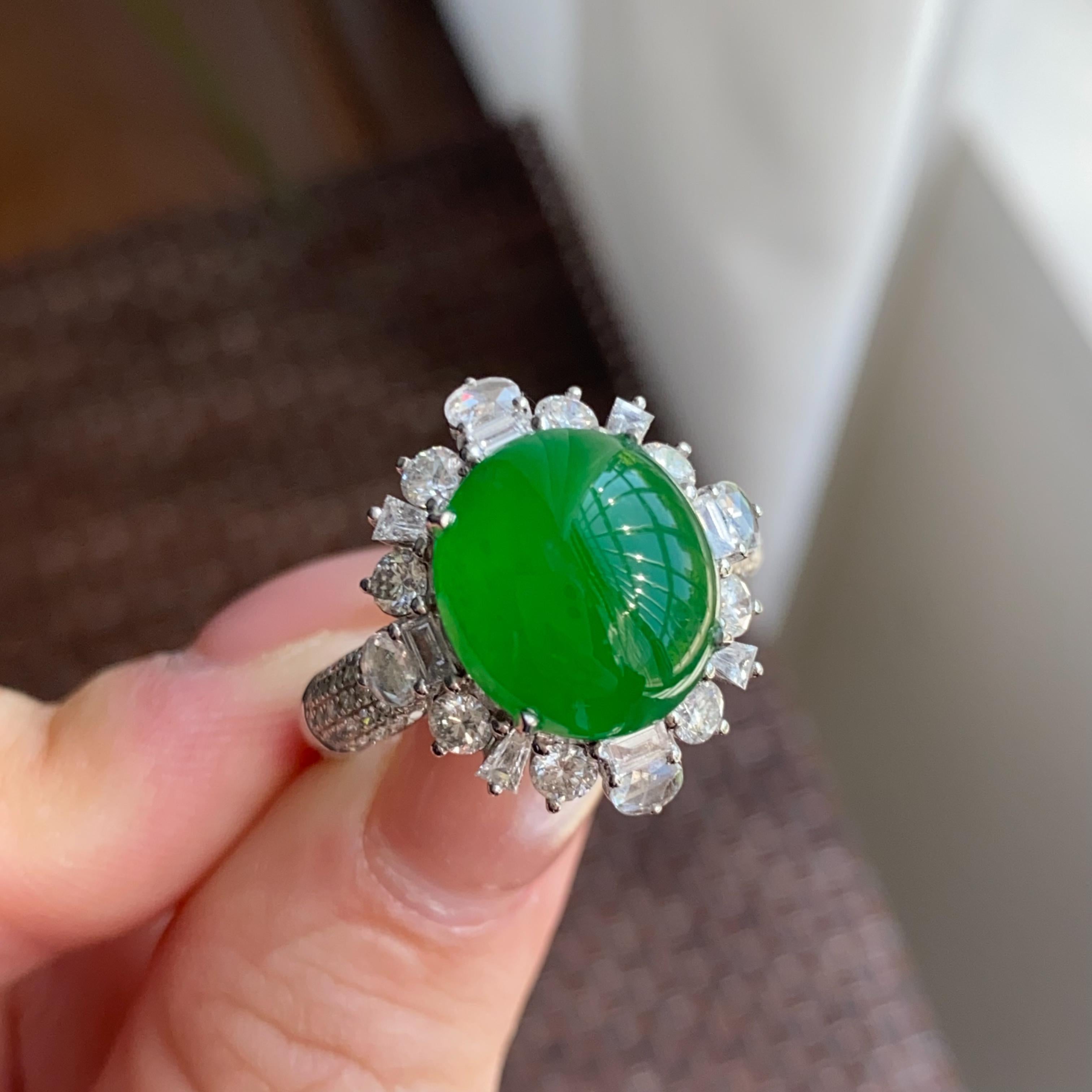 18k金钻镶冰种阳绿蛋面戒指（yc264995）