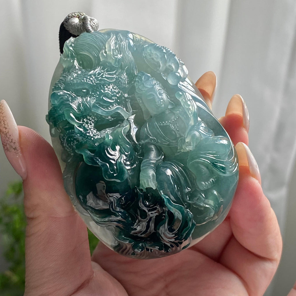 糯冰种蓝底神龙护主牌吊坠（yc214703）