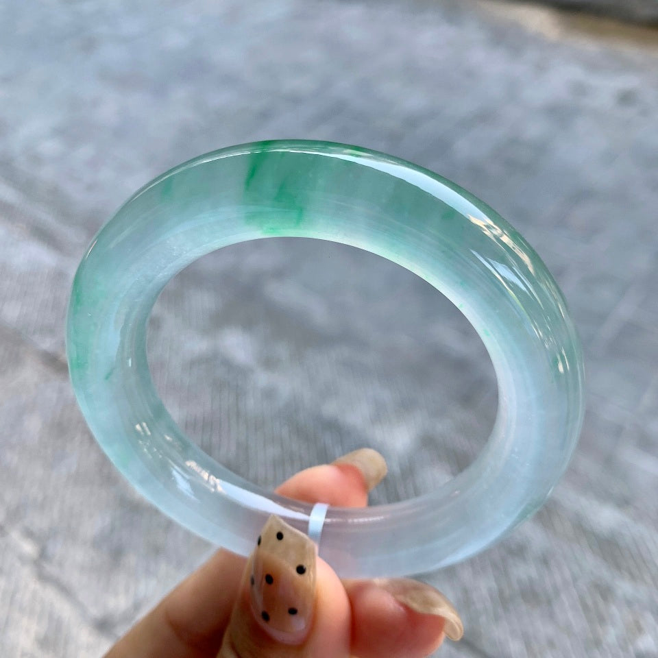 高冰飘绿翡翠圆条手镯镯心一套（52.8mm）（yc025803）