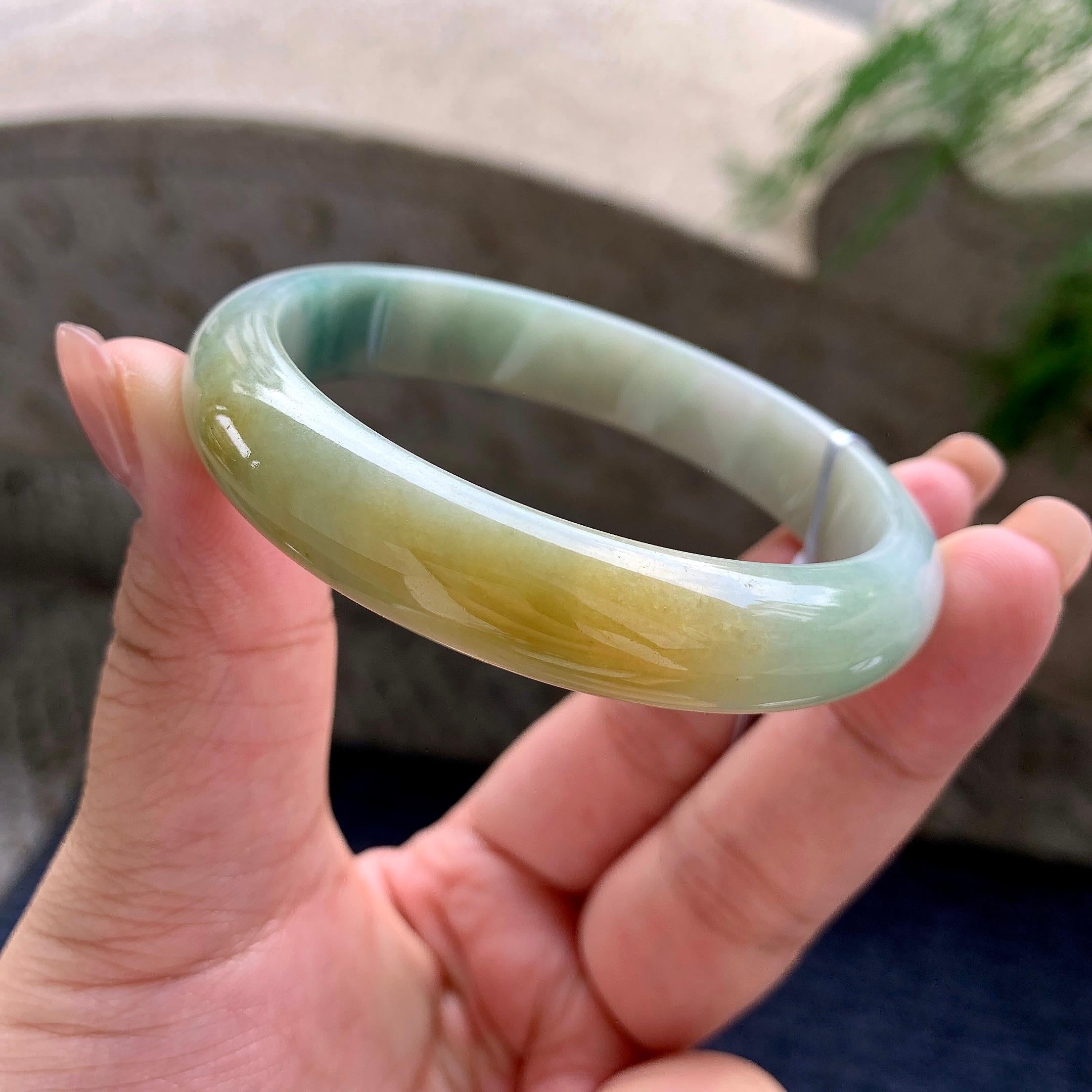 大圈口 细糯种黄翡飘蓝花正圈平安镯 59圈口 天然缅甸A货翡翠（yc524449）