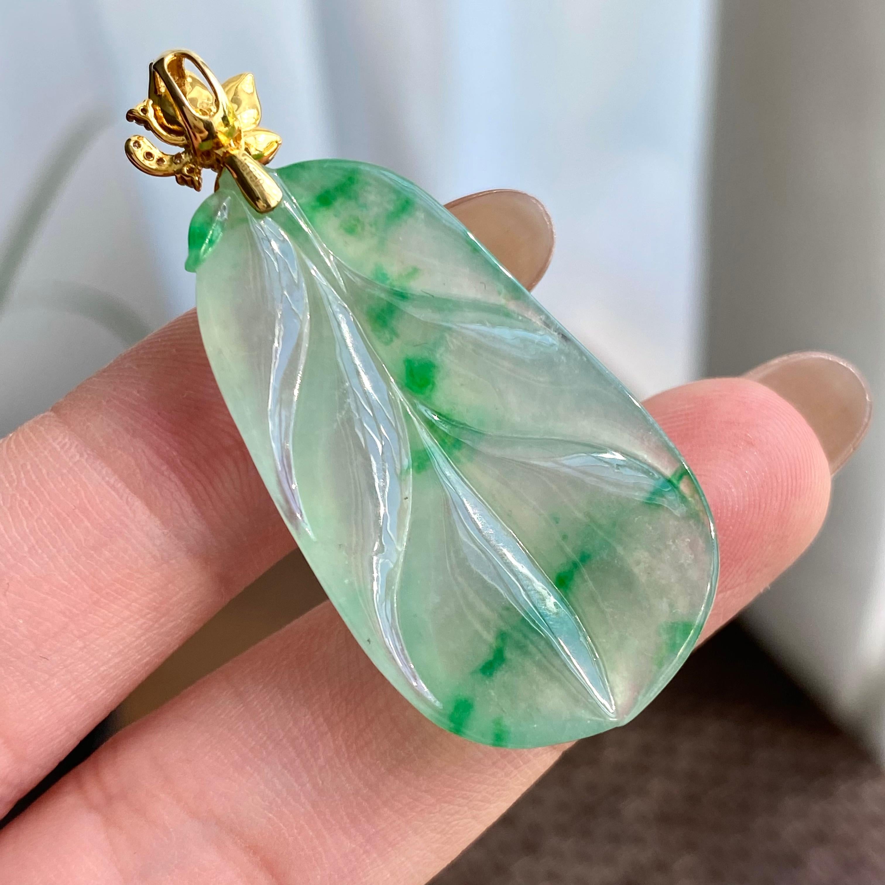 18k金钻镶冰种飘花玉叶吊坠（yc266215）