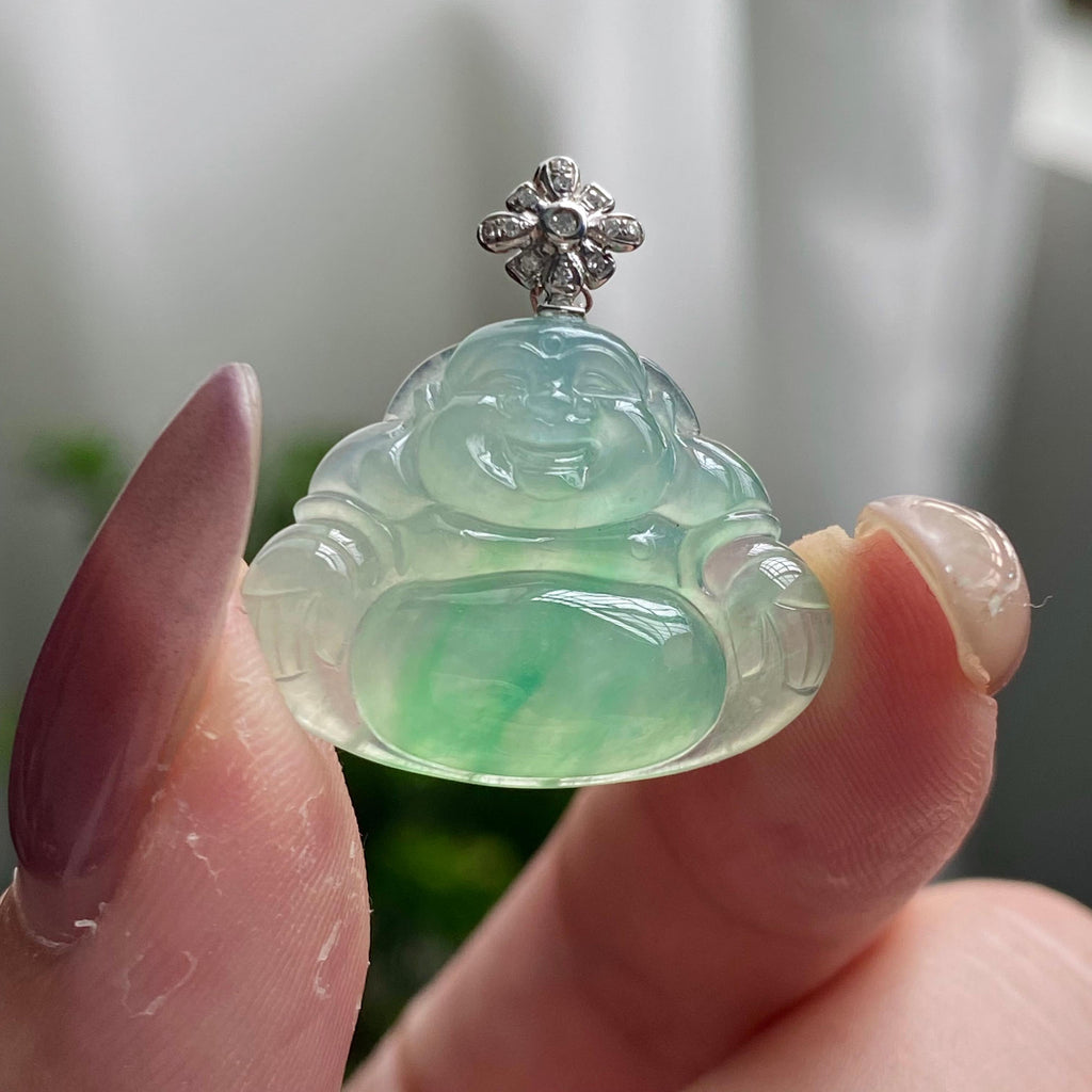 18k金钻镶冰种飘花佛公吊坠（yc200405）