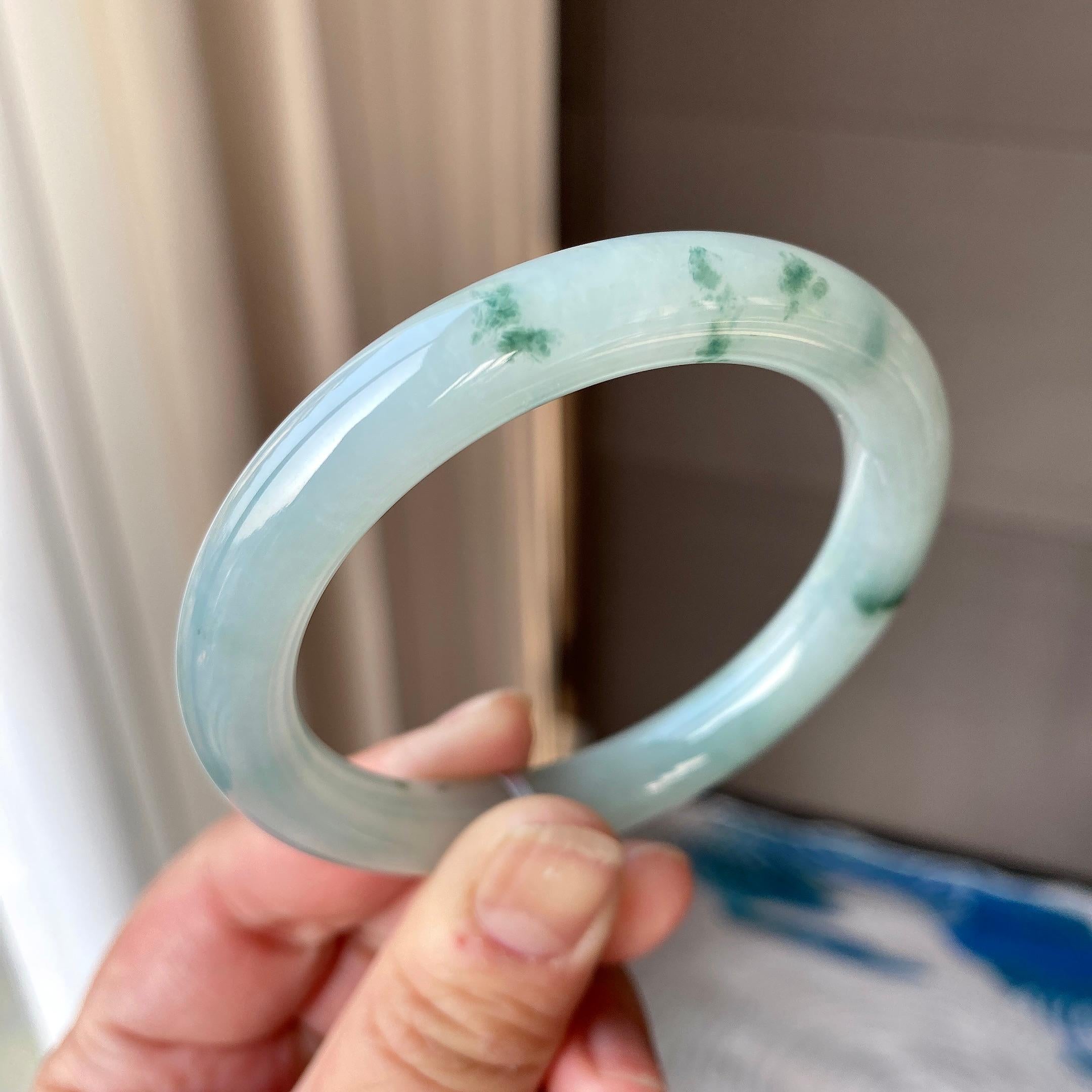 细糯种飘花圆条手镯56圈口 天然缅甸A货翡翠（yc316461）