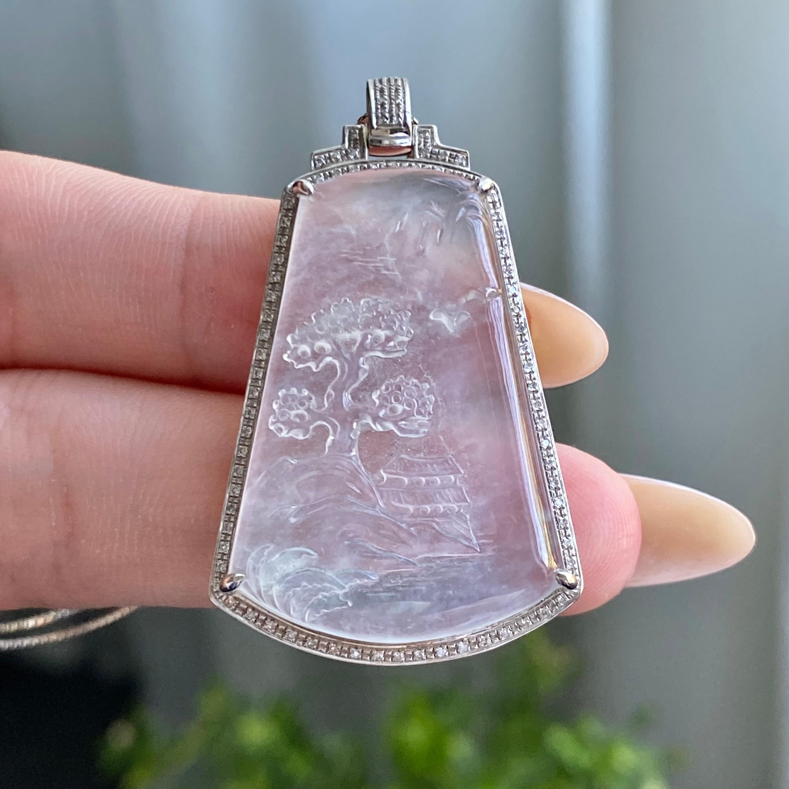 18k金钻镶冰种白月光山水牌吊坠（yc205093）