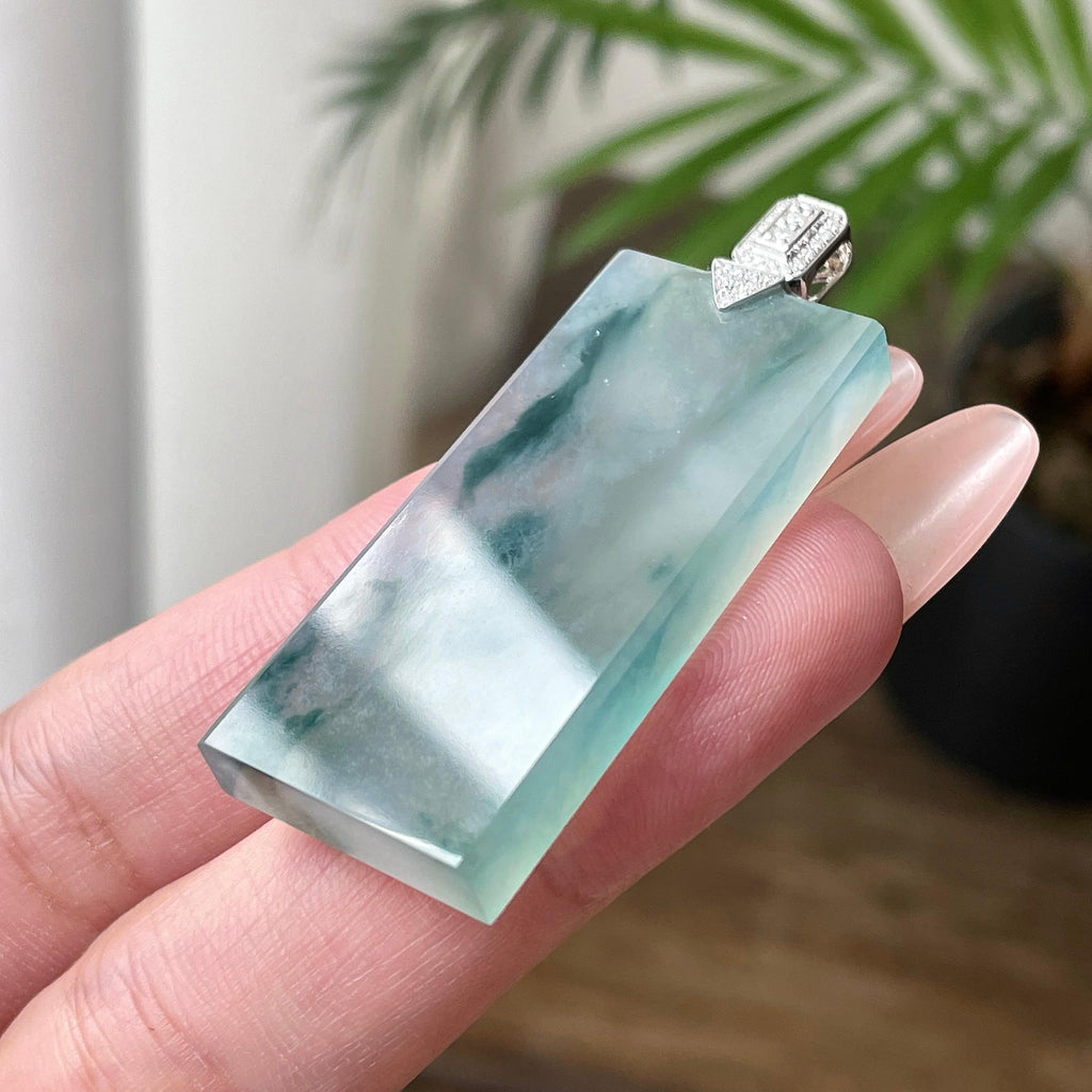 18K糯冰种蓝飘花无事牌吊坠 天然缅甸A货翡翠（yc532787）