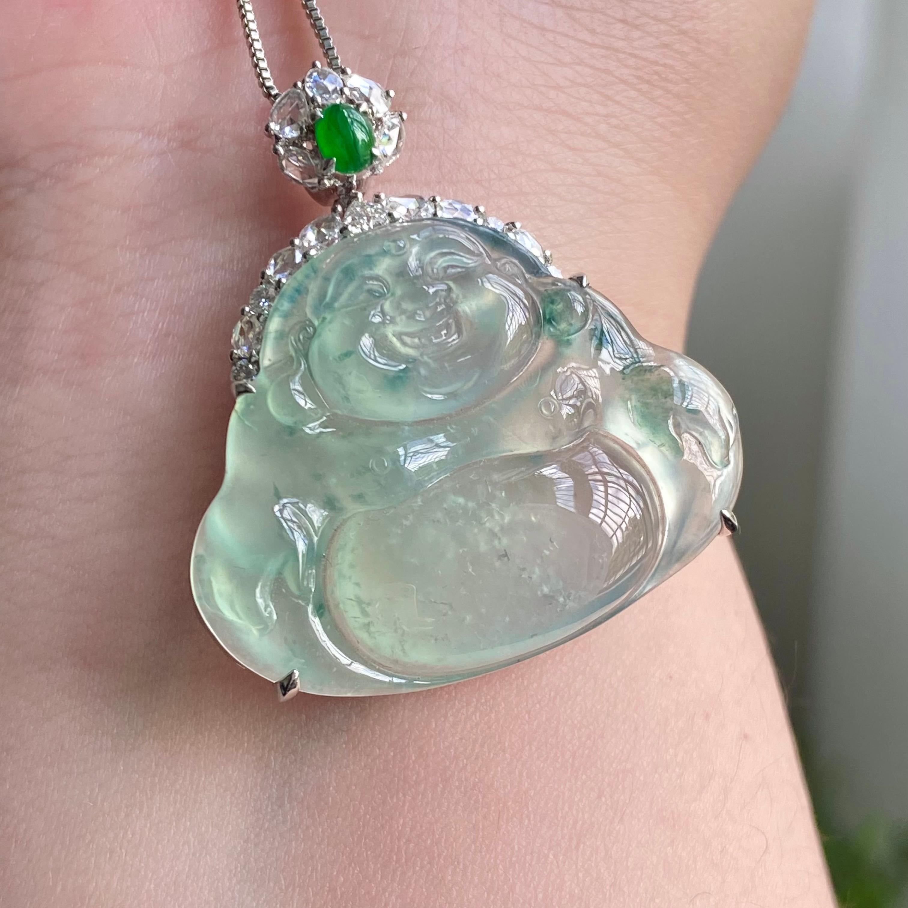 18k金钻镶高冰种飘花佛公吊坠（yc206341）