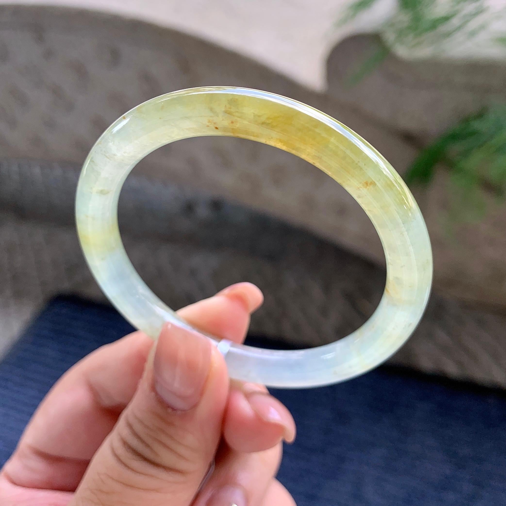 小圈口 糯冰种黄翡圆条手镯 51.5圈口 天然缅甸A货翡翠（yc532848）
