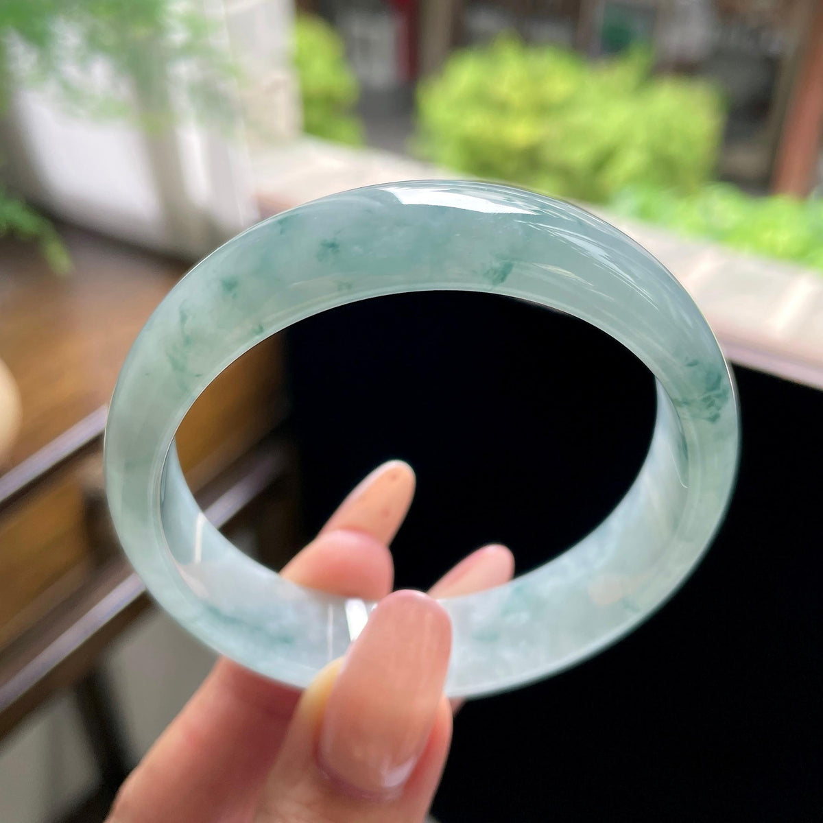 糯冰种蓝飘花宽版正圈平安镯 57圈（yc709485）