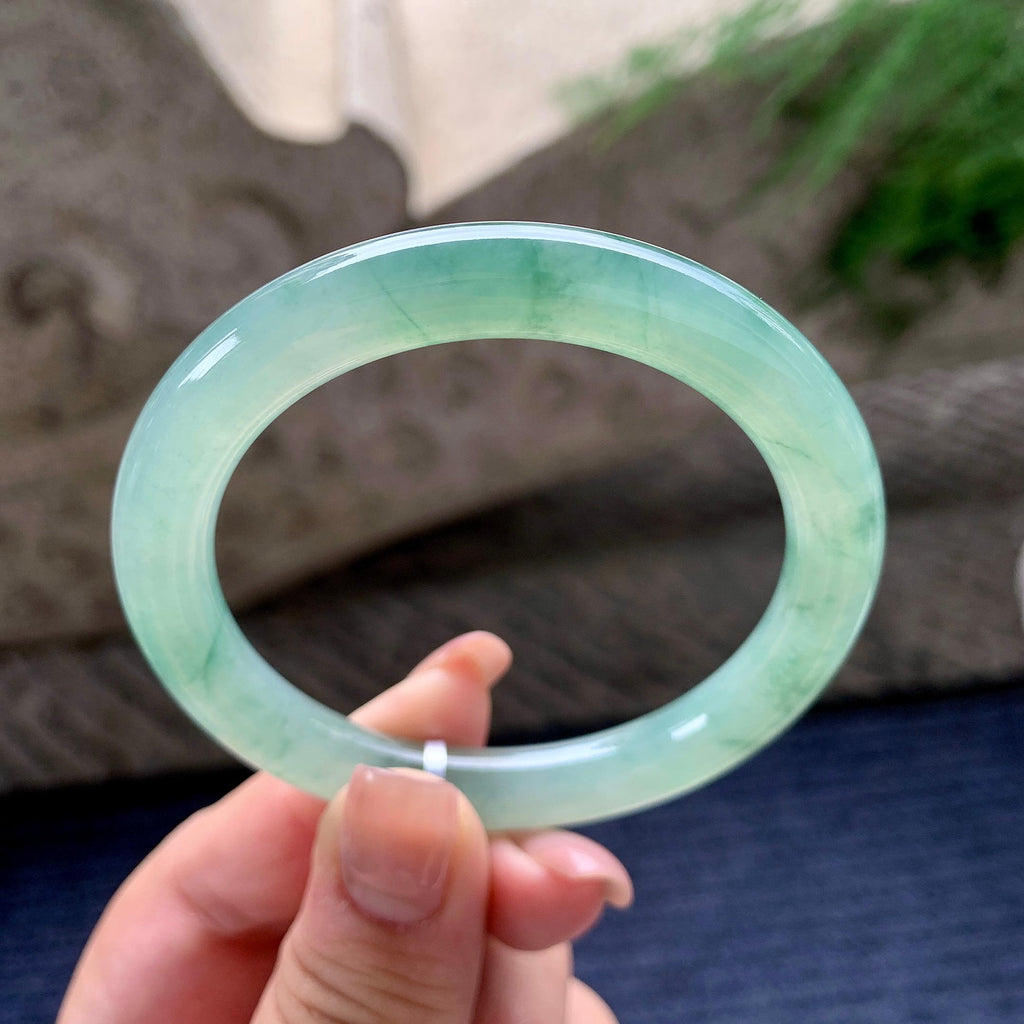 糯冰种晴底飘花圆条手镯 53.6圈口 天然缅甸A货翡翠（yc536199）
