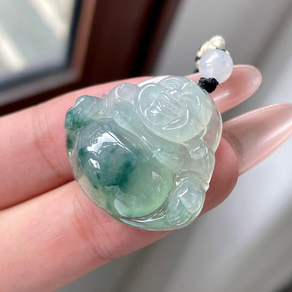 糯冰种晴底飘花佛公吊坠 天然缅甸A货翡翠（yc525998）