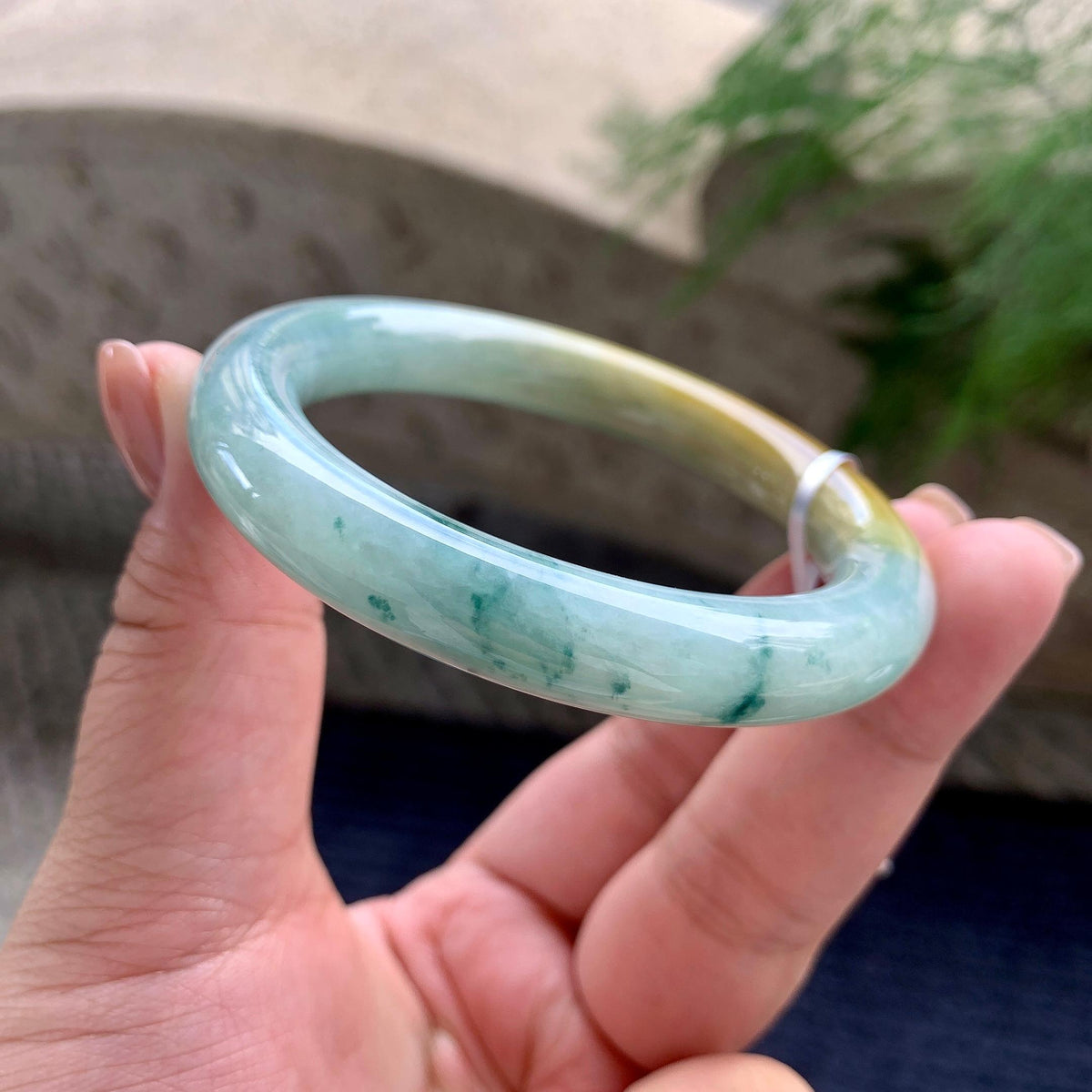 细糯种黄翡飘蓝花圆条手镯 54.3圈口 天然缅甸A货翡翠（yc701219）