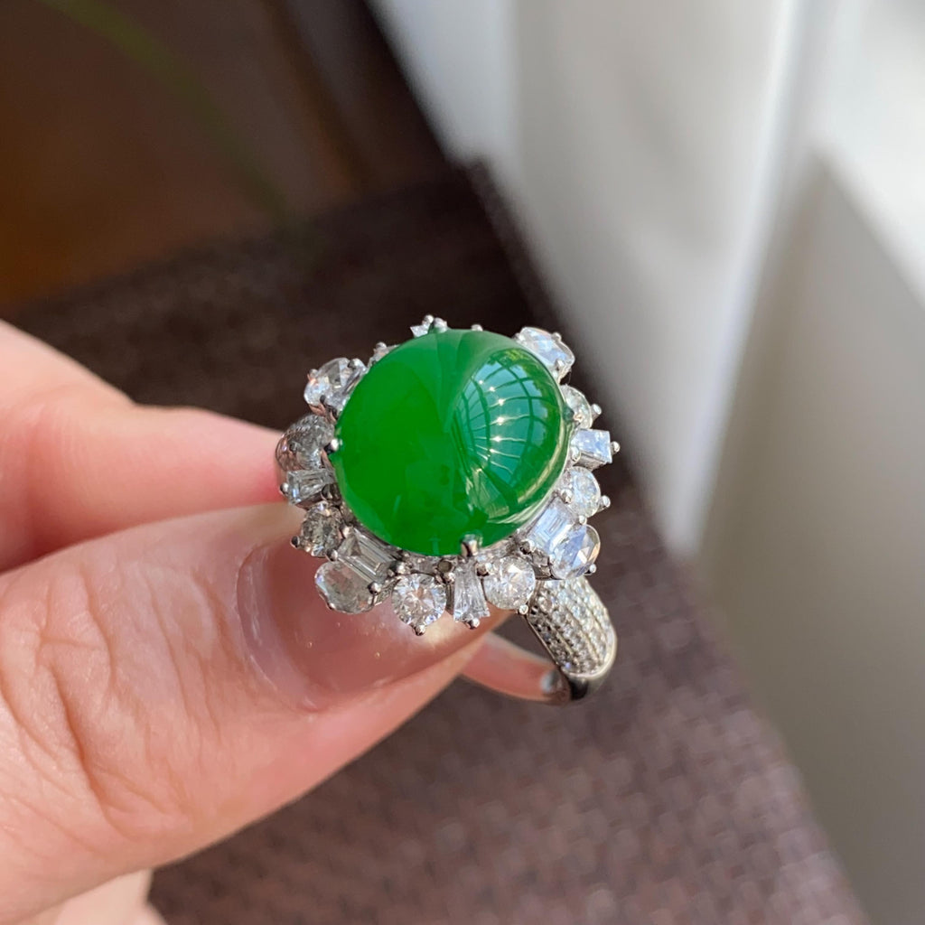 18k金钻镶冰种阳绿蛋面戒指（yc264995）