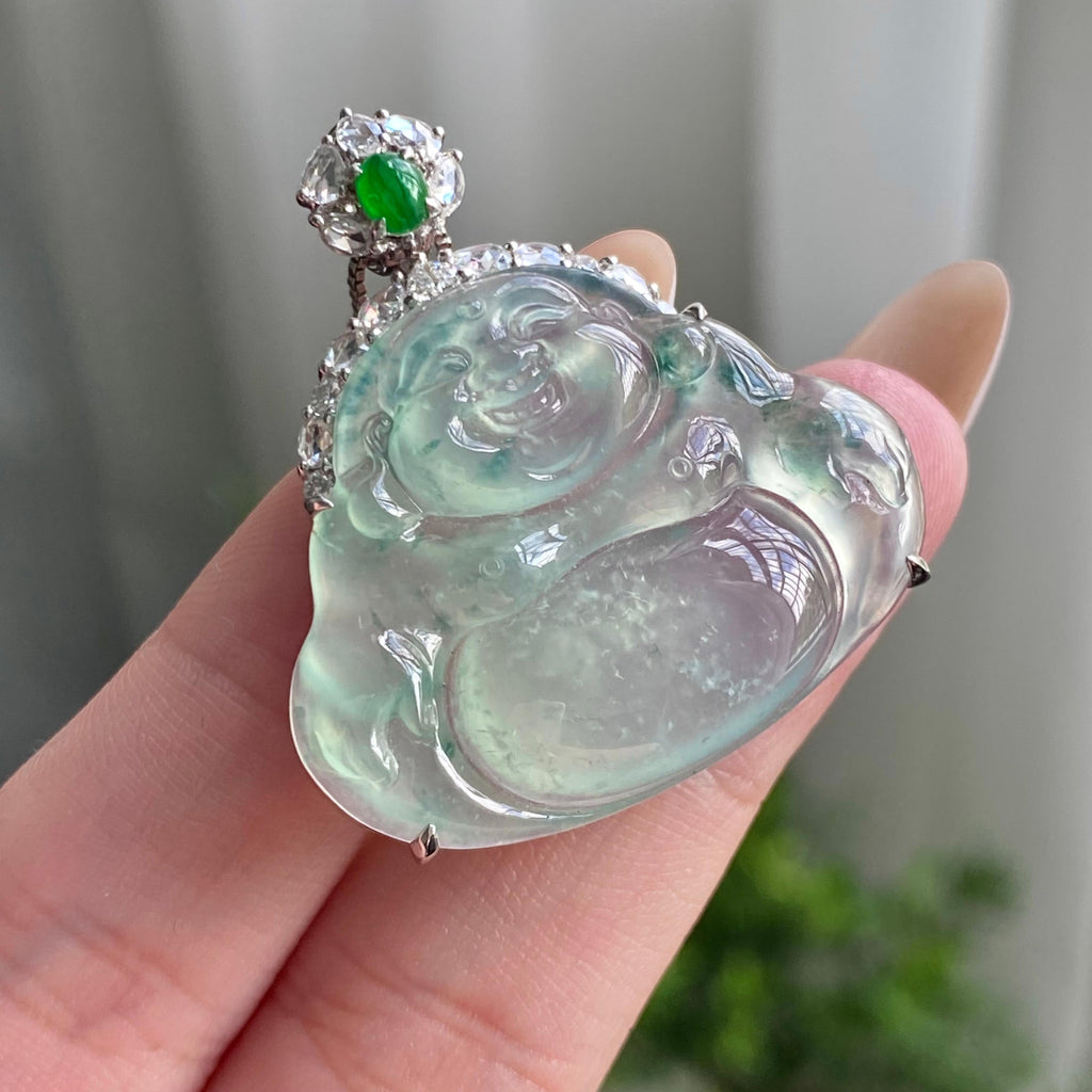 18k金钻镶高冰种飘花佛公吊坠（yc206341）