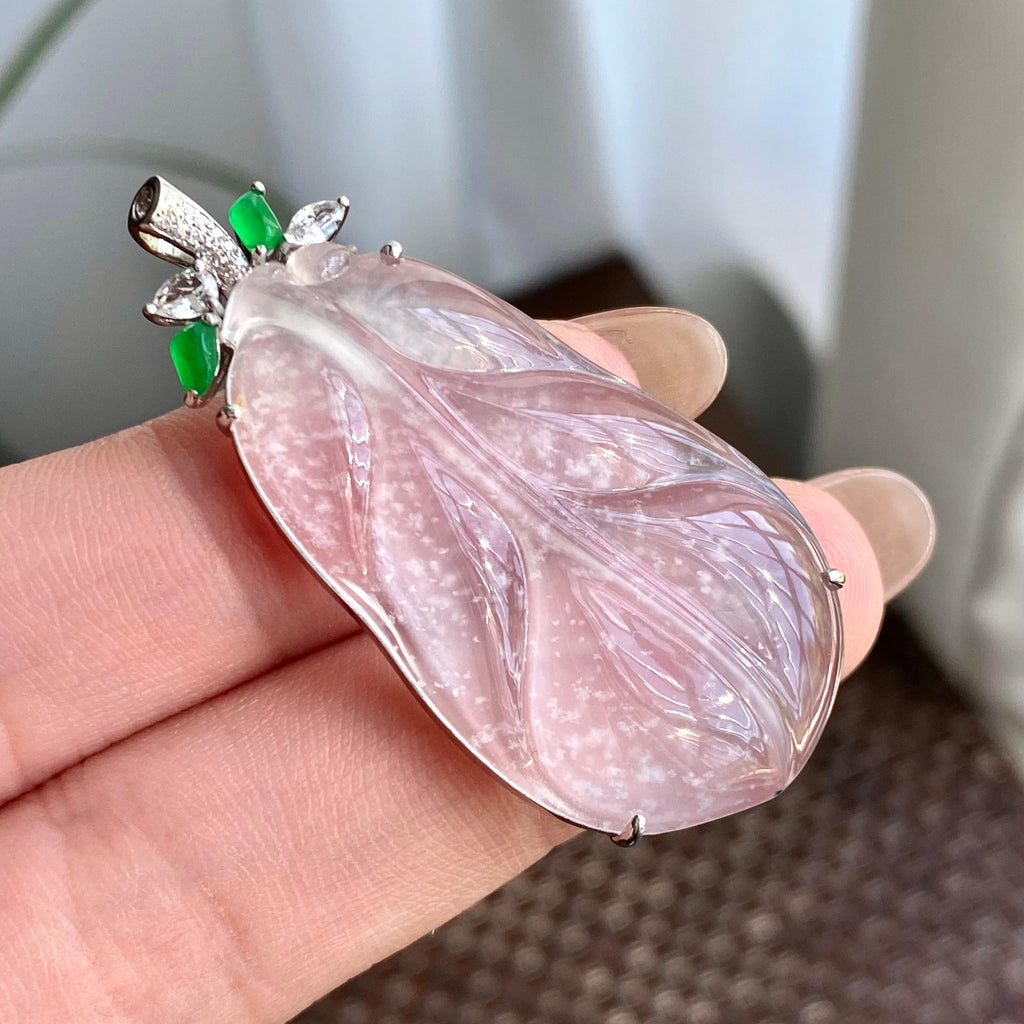 18k金钻镶高冰种雪花棉玉叶吊坠（yc266155）