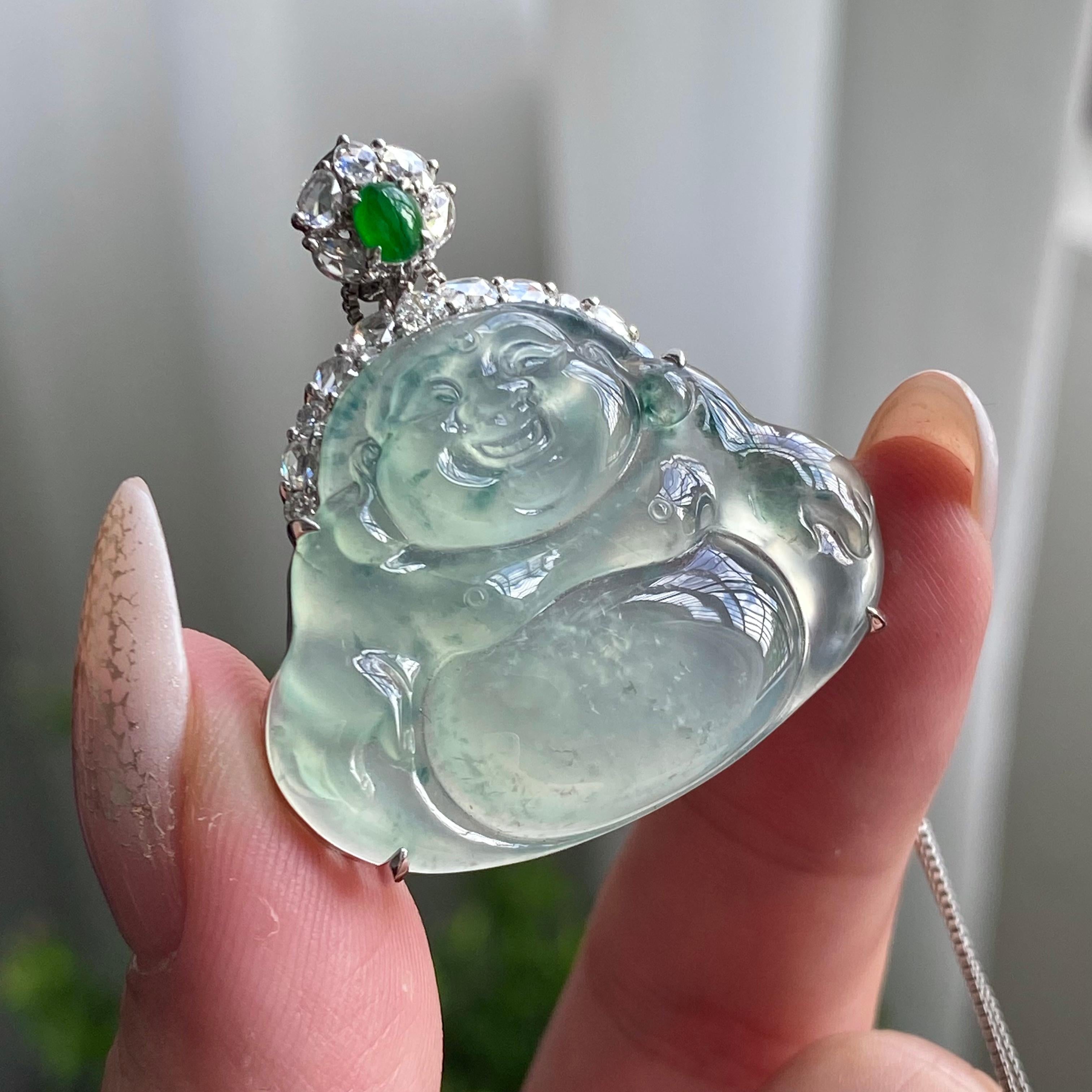 18k金钻镶高冰种飘花佛公吊坠（yc206341）