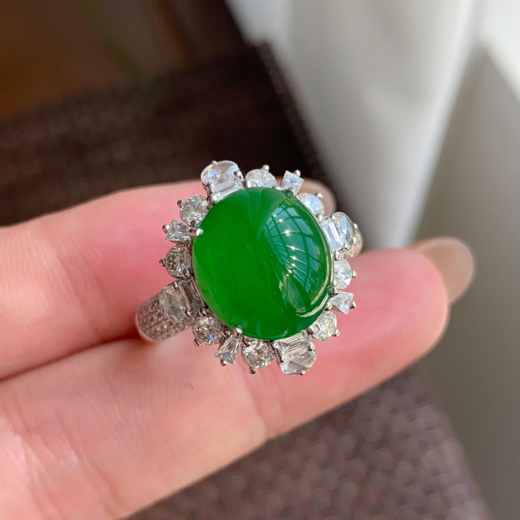 18k金钻镶冰种阳绿蛋面戒指（yc264995）