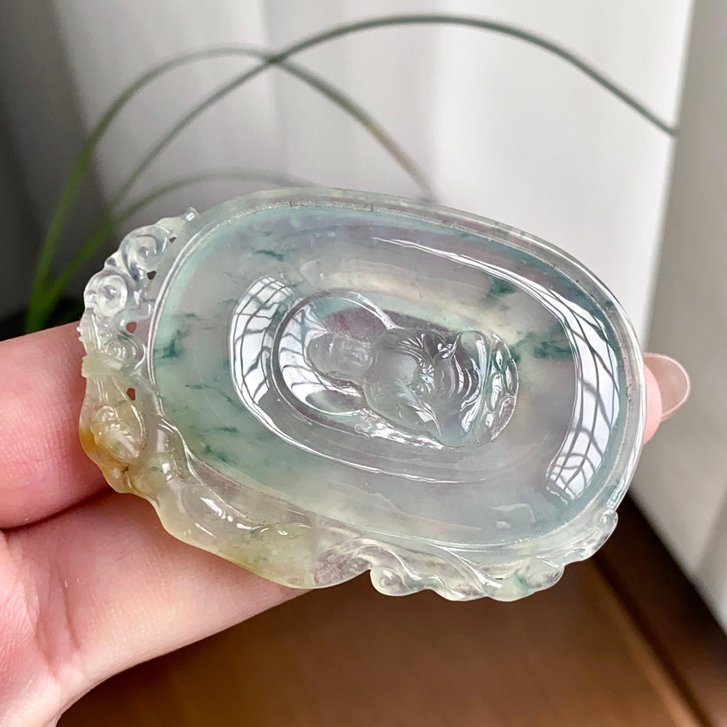 冰种黄加绿飘花佛牌吊坠（yc260833）