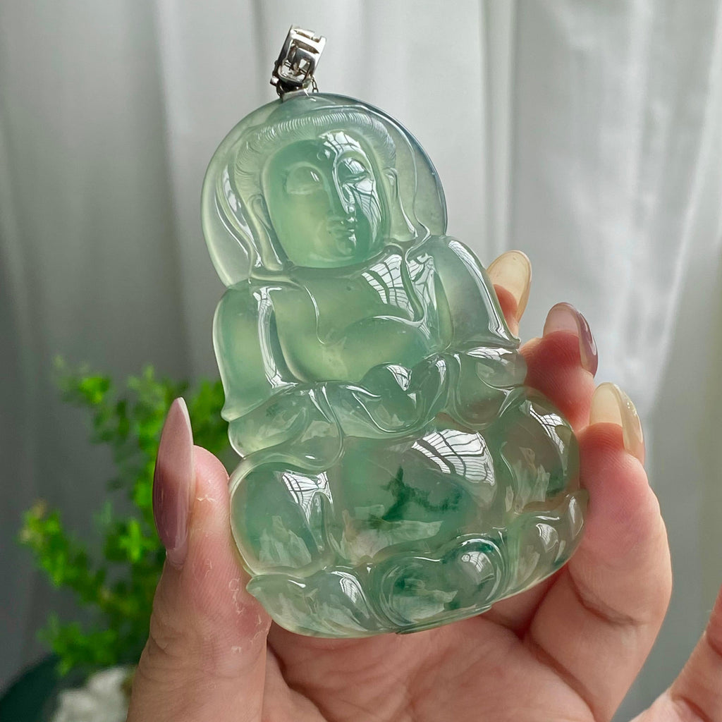 18k金镶冰种湖水绿飘花观音吊坠（yc201006）