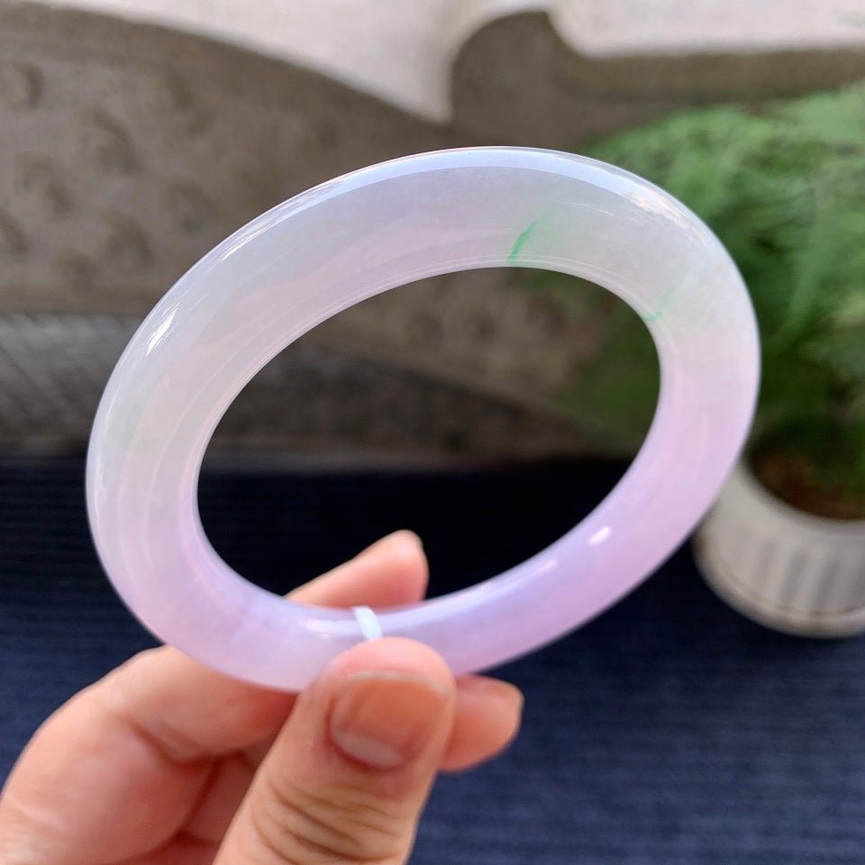 糯冰种紫罗兰飘绿花圆条手镯（55mm）（yc079318）