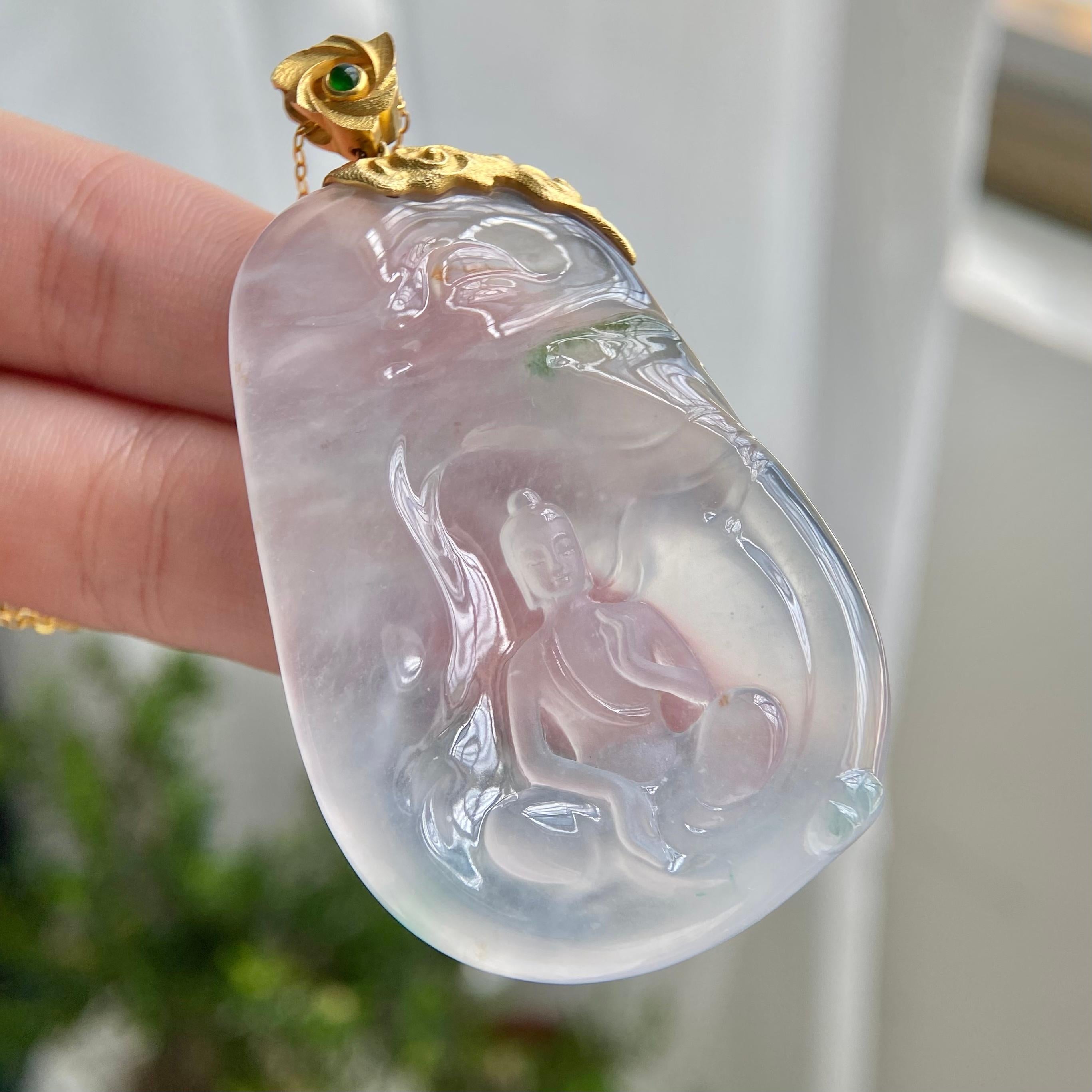 18k金镶冰种飘花悟道牌吊坠（yc216340）