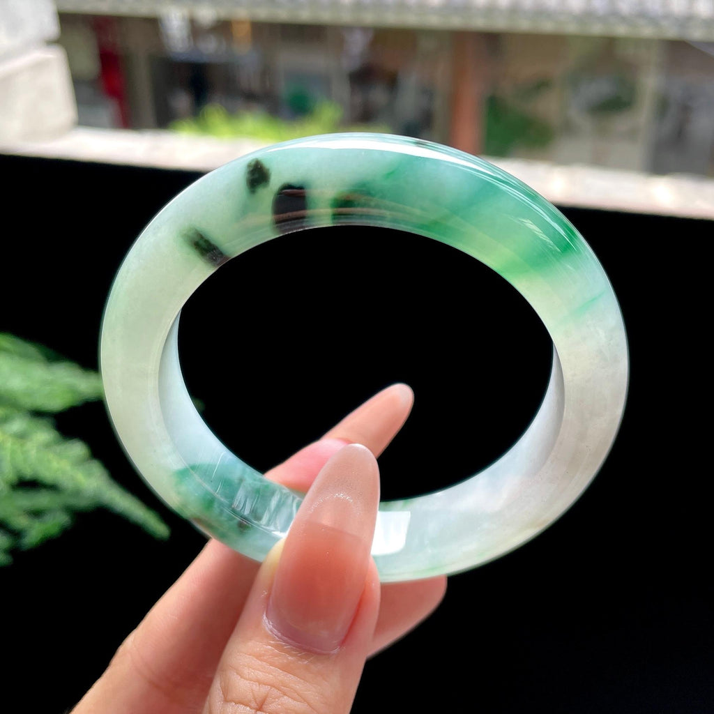 糯冰种绿飘花正圈平安镯 54圈口 天然缅甸A货翡翠（yc527796）
